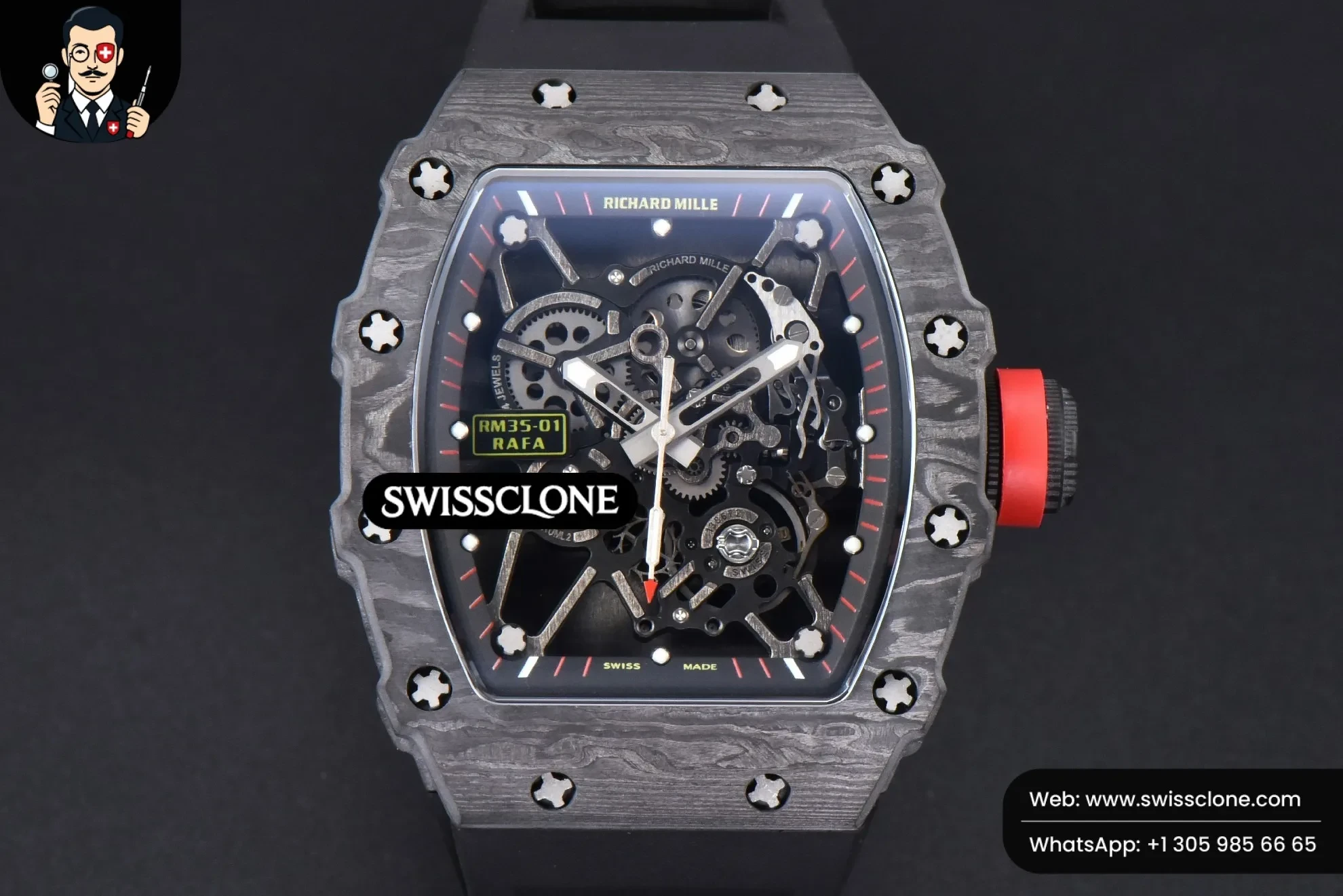 Richard Mille RM035-02 42mm Black Forged Carbon T+F Black Skeleton Dial Red Crown Black Rubber RMUL2 - Image 2