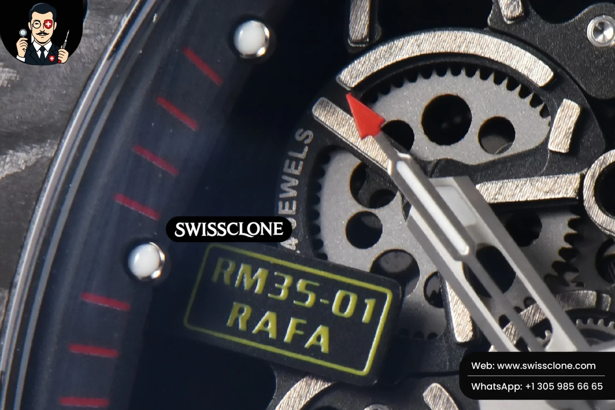 Richard Mille RM035-02 42mm Black Forged Carbon T+F Black Skeleton Dial Red Crown Black Rubber RMUL2 Swiss Clone - View 3