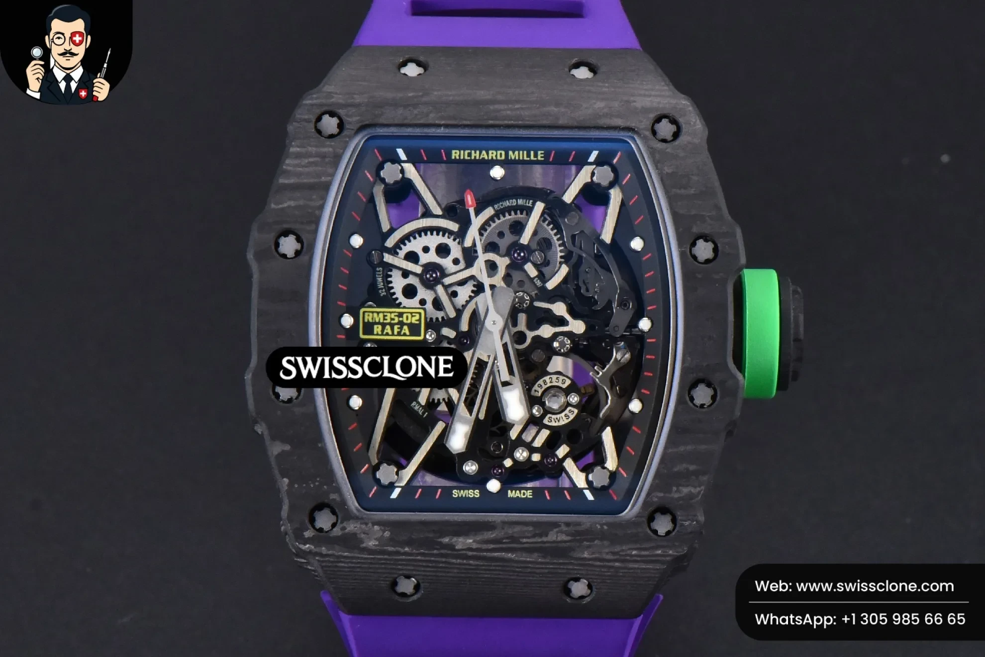 Richard Mille RM035-02 42mm Black Forged Carbon T+F Skeleton Dial Green Crown Purple Rubber RMUL2