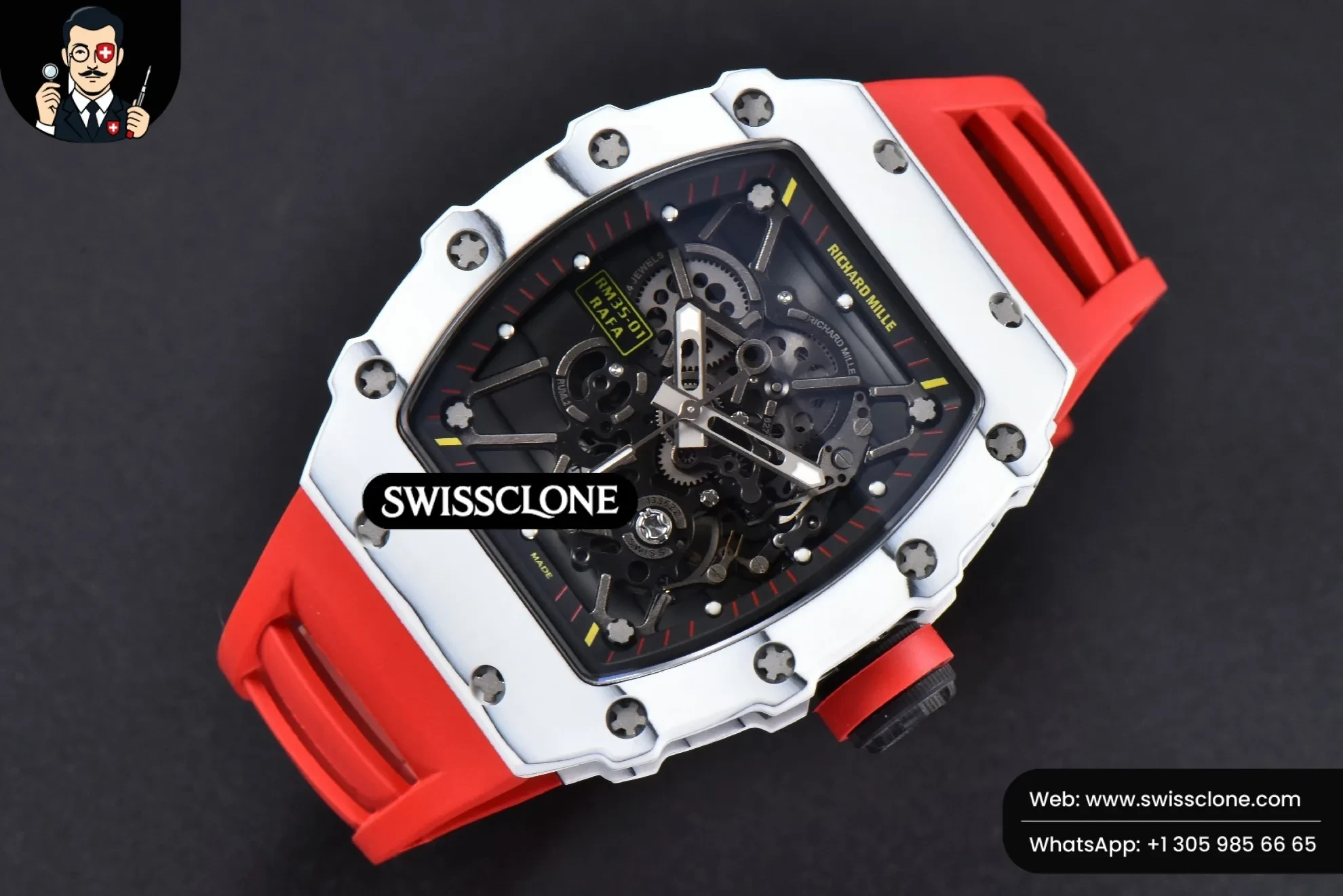 Richard Mille RM035-02 42mm White Forged Carbon T+F Black Skeleton Dial Red Crown Red Rubber RMUL2 - Image 2