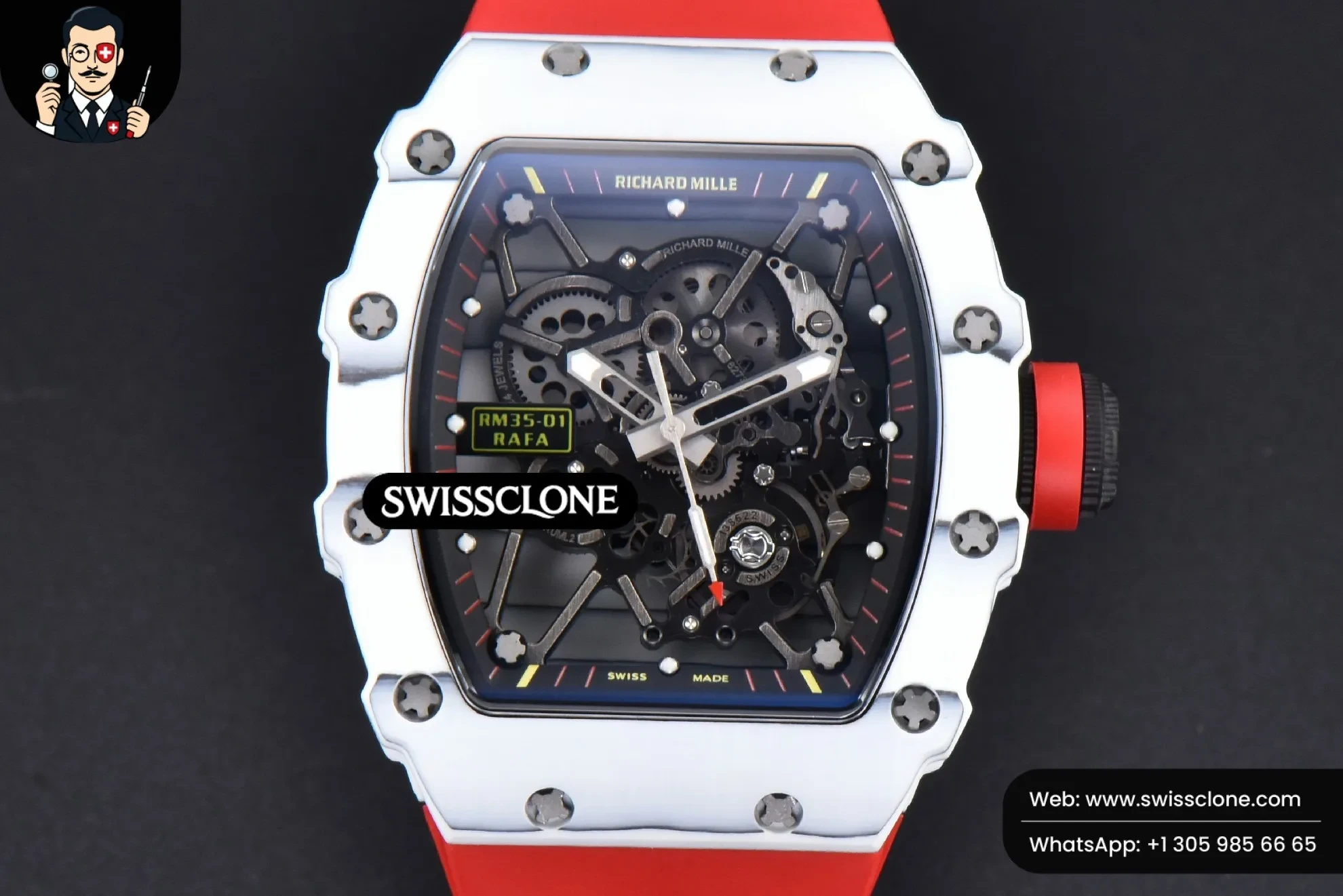 Richard Mille RM035-02 42mm White Forged Carbon T+F Black Skeleton Dial Red Crown Red Rubber RMUL2