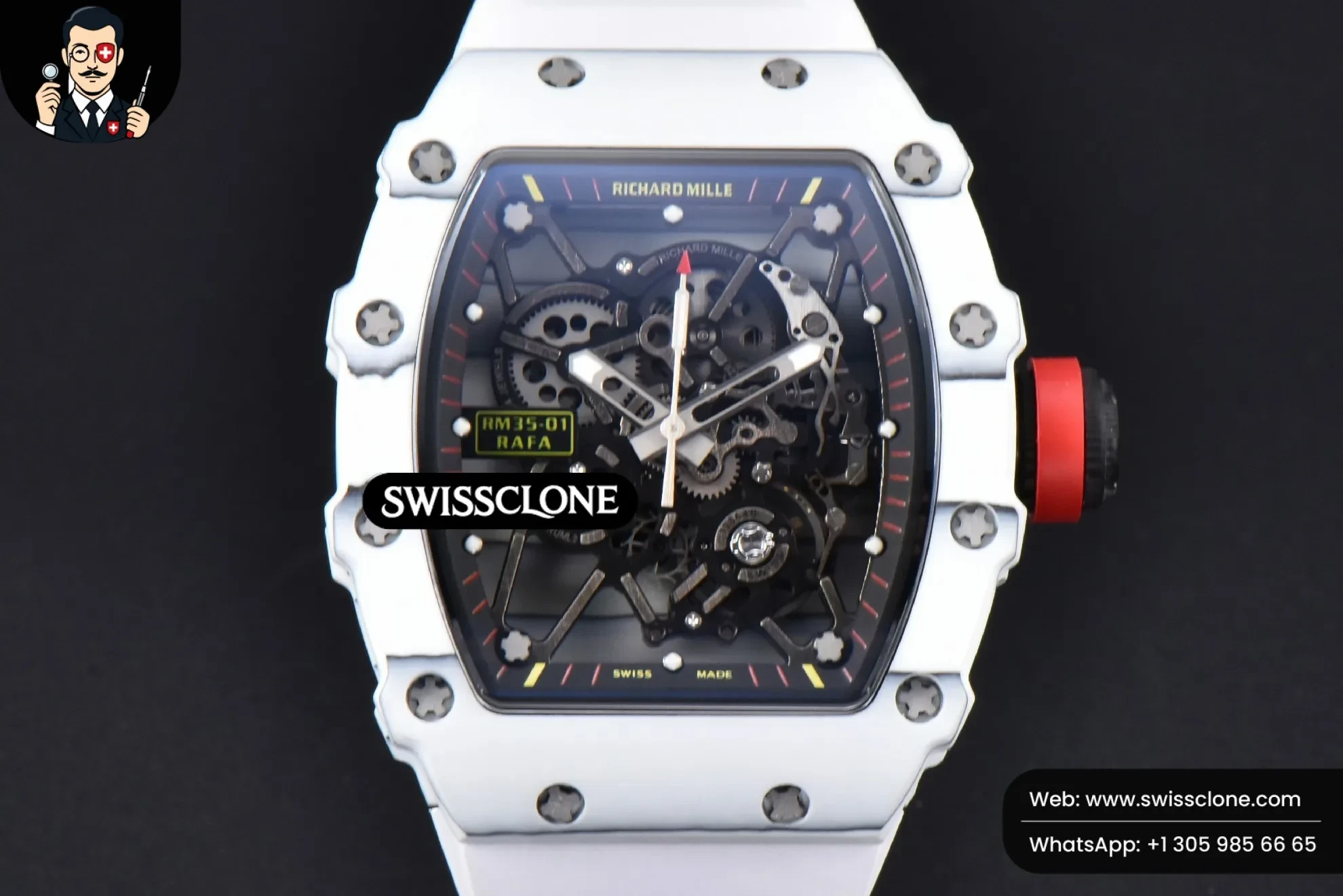Richard Mille RM035-02 42mm White Forged Carbon T+F Skeleton Dial Red Crown White Rubber RMUL2