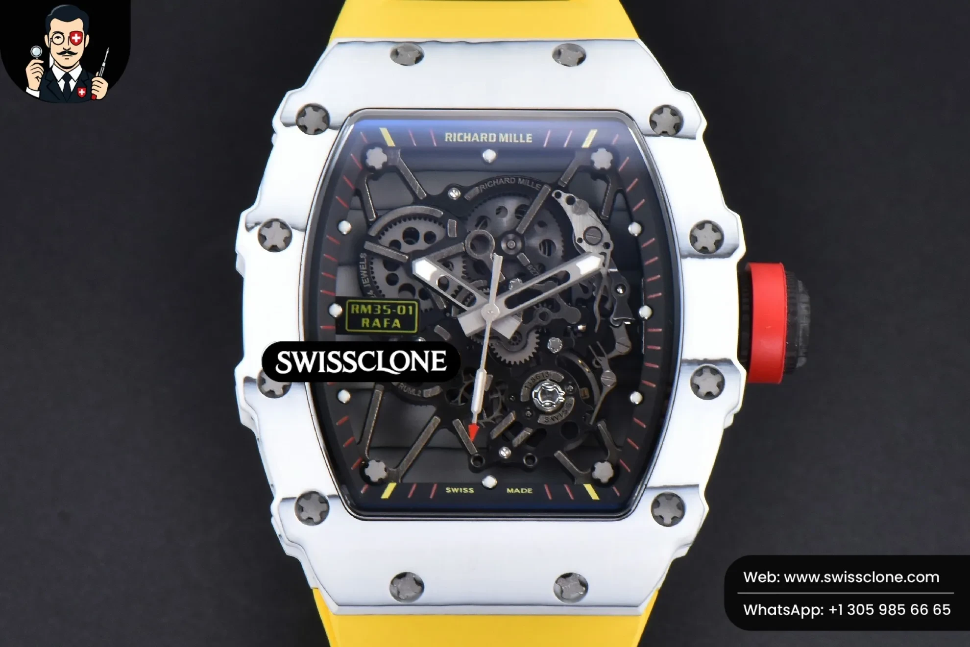 Richard Mille RM035-02 42mm White Forged Carbon T+F Skeleton Dial Red Crown Yellow Rubber RMUL2