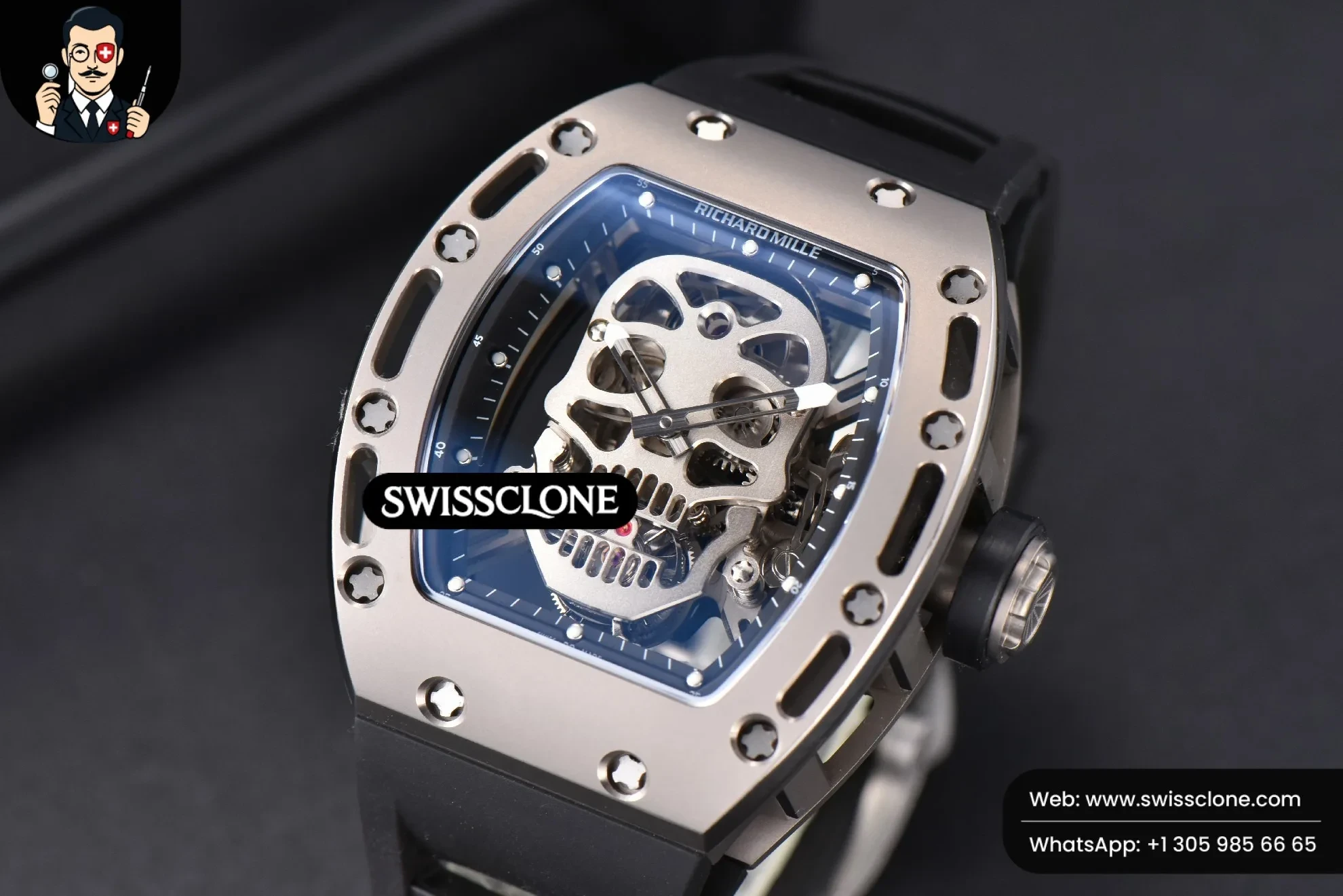 Richard Mille RM052 Skull Titanium Real Tourbillon 50mmx42mm JBF Skeleton Dial on Black Rubber 1:1 Super Clone - Dial Macro Close-Up