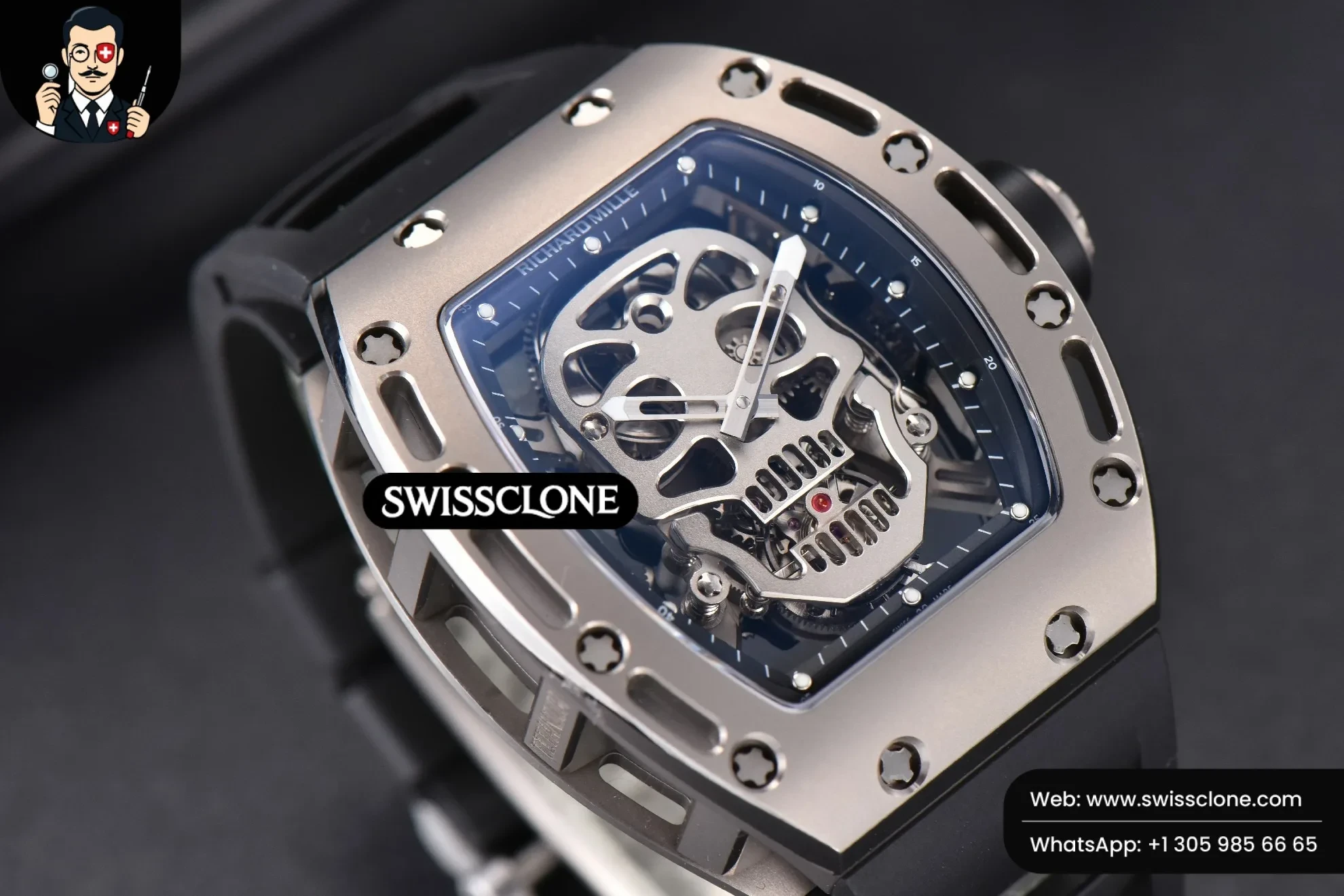 Richard Mille RM052 Skull Titanium Real Tourbillon 50mmx42mm JBF Skeleton Dial on Black Rubber 1:1 Super Clone - On-Wrist Presence View