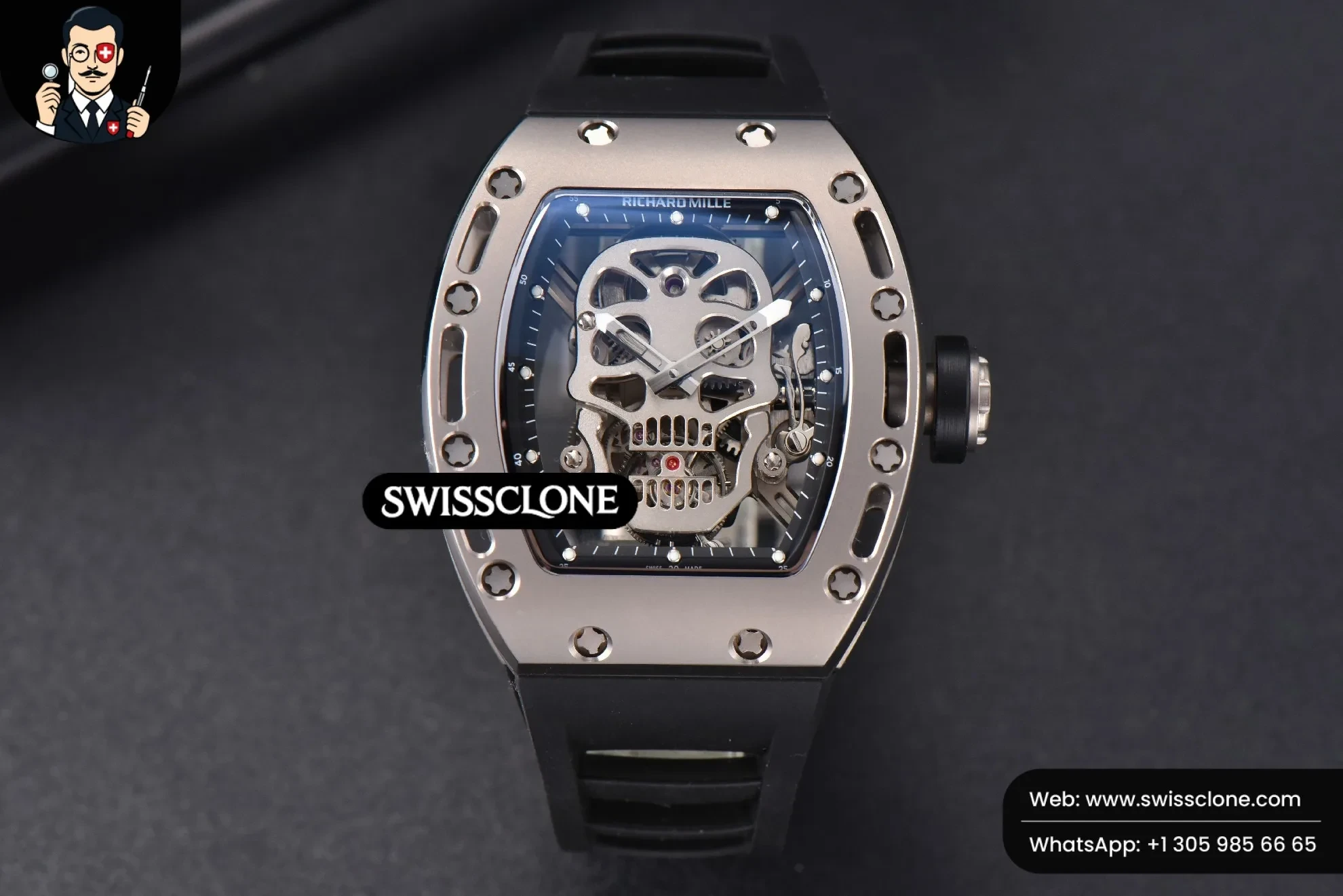 Richard Mille RM052 Skull Titanium Real Tourbillon 50mmx42mm JBF Skeleton Dial on Black Rubber