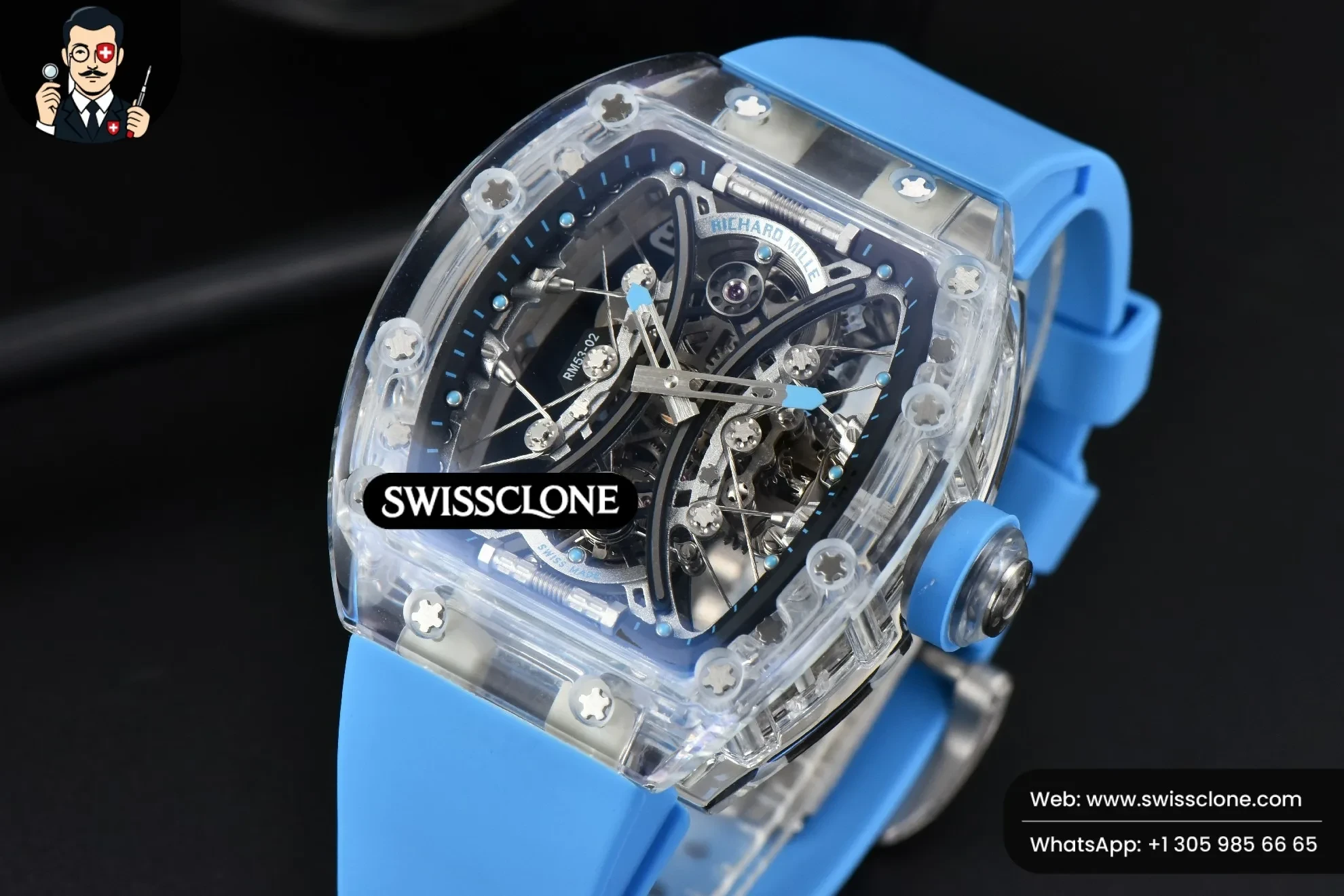 Richard Mille RM053 02 Transparent Case Real Tourbillon 44.5mm JBF Ice Blue Rubber 1:1 Super Clone - Bezel & Case Profile