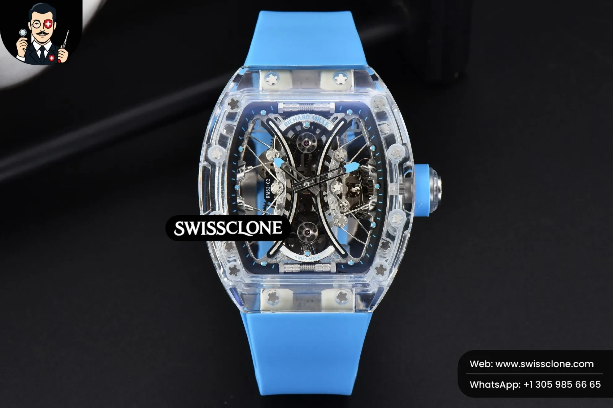 Richard Mille RM053 02 Transparent Case Real Tourbillon 44.5mm JBF Ice Blue Rubber 1:1 Super Clone - Dial Macro Close-Up