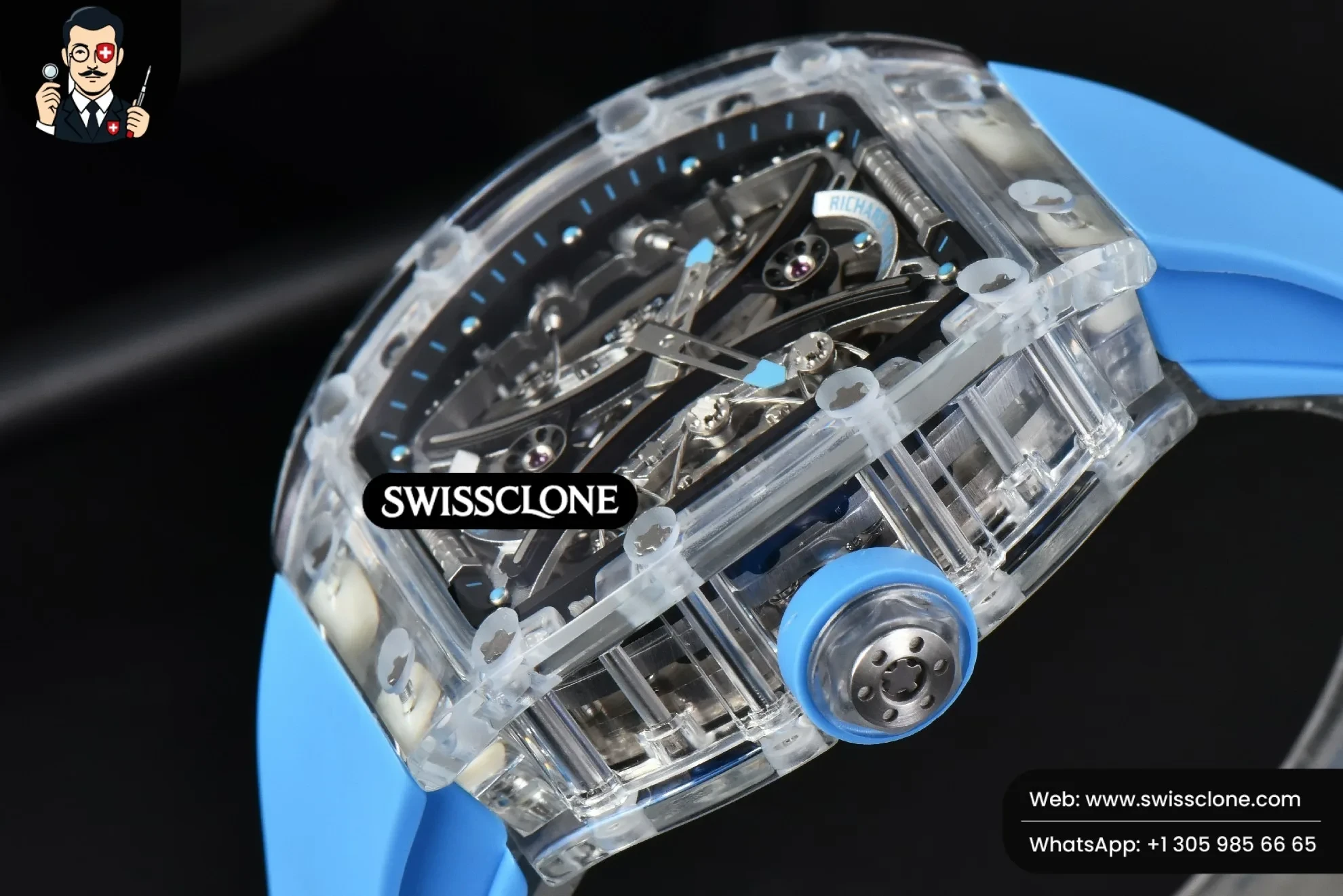 Richard Mille RM053 02 Transparent Case Real Tourbillon 44.5mm JBF Ice Blue Rubber 1:1 Super Clone - On-Wrist Presence View