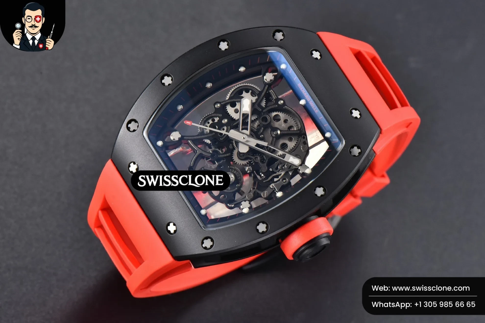 Richard Mille RM055 42.7mm BBRF Black NTPT Black Skeleton Dial Red Rubber RMUL2 1:1 Super Clone - Dial Macro Close-Up