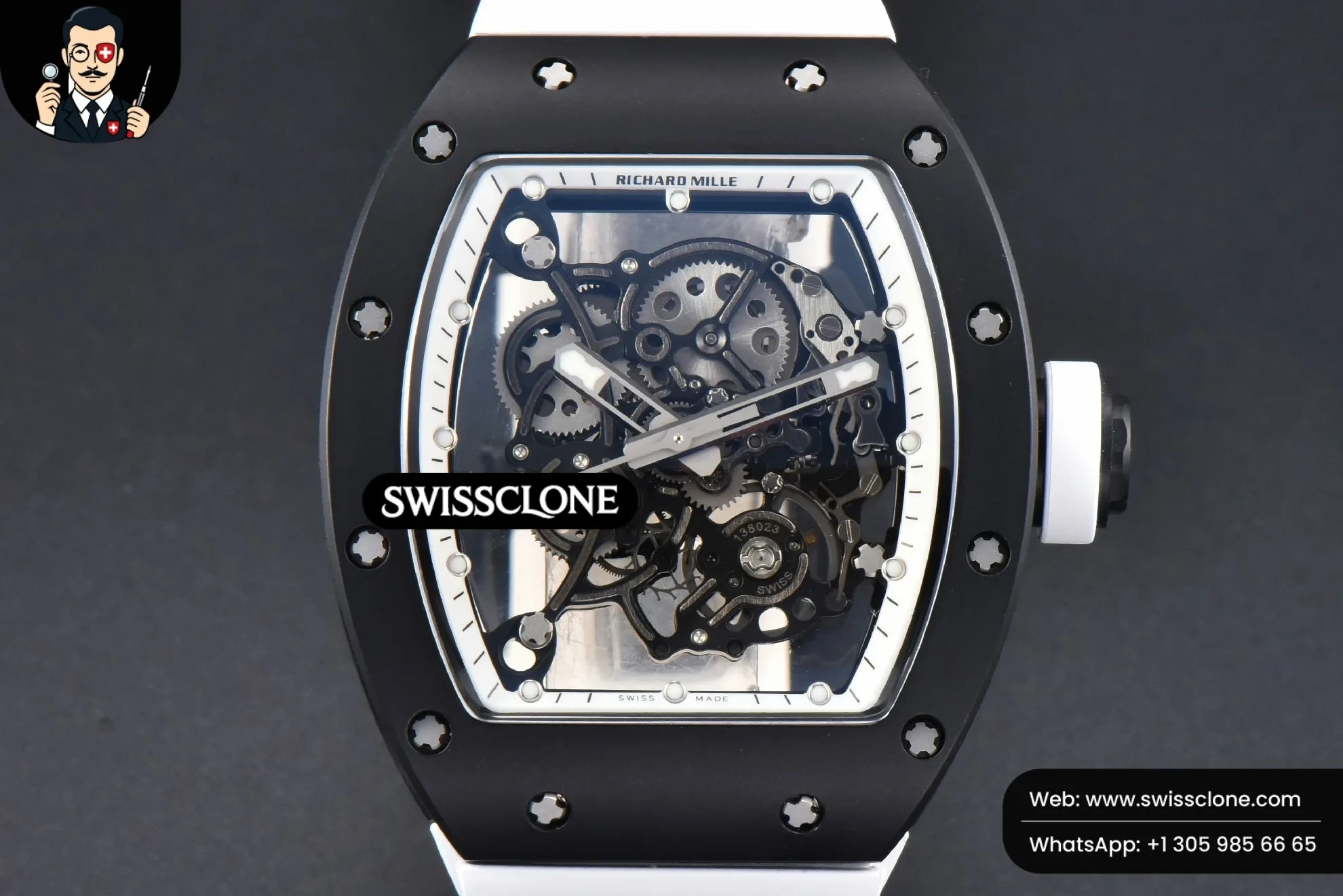 Richard Mille RM055 42.7mm BBRF Black NTPT White Skeleton Dial White Rubber RMUL2 - 45-Degree Case Profile & Crown View | 1:1 Swiss Super Clone
