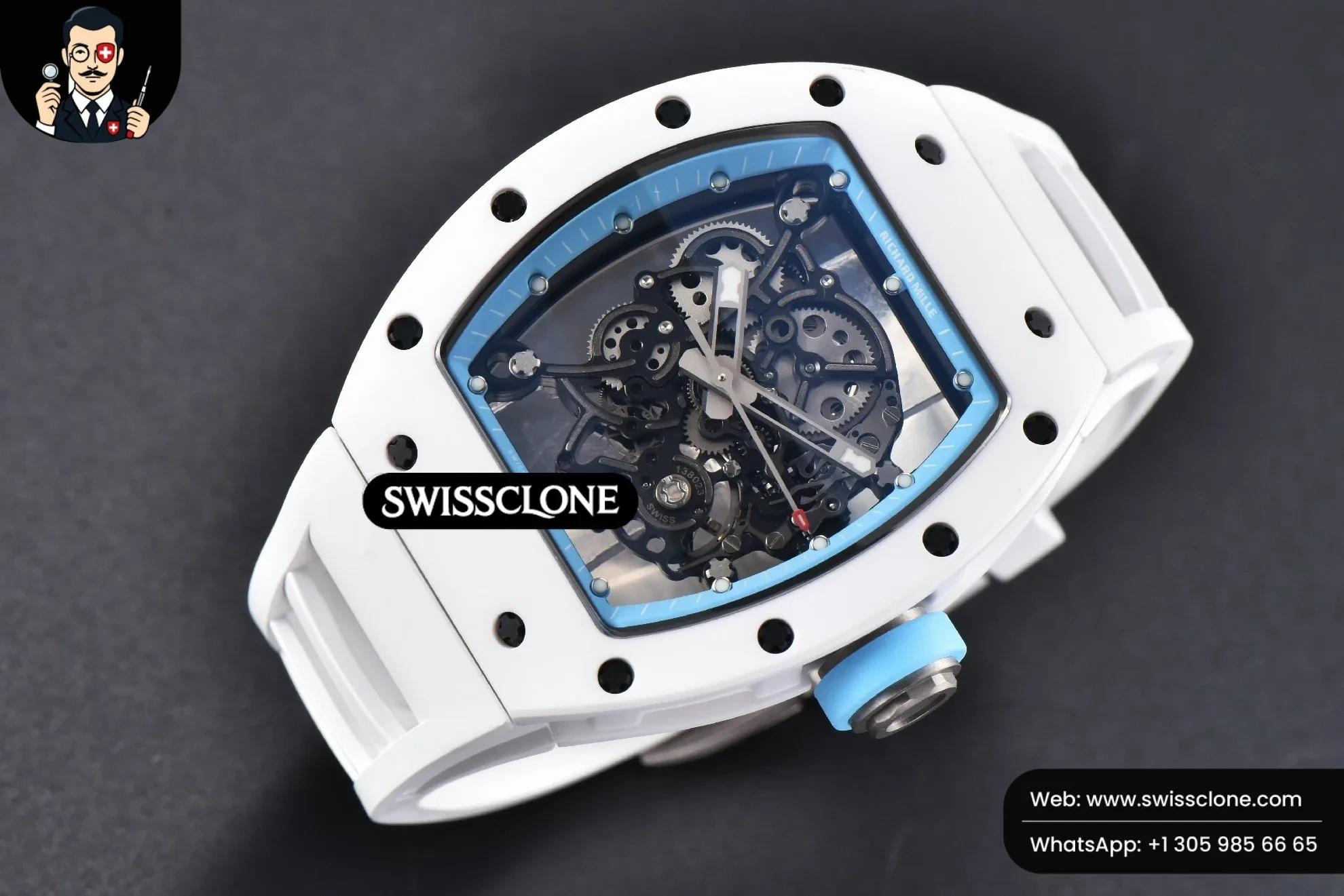 Richard Mille RM055 42.7mm BBRF White Ceramic Blue Skeleton Dial Blue Rubber RMUL2 - 45-Degree Case Profile & Crown View | 1:1 Swiss Super Clone