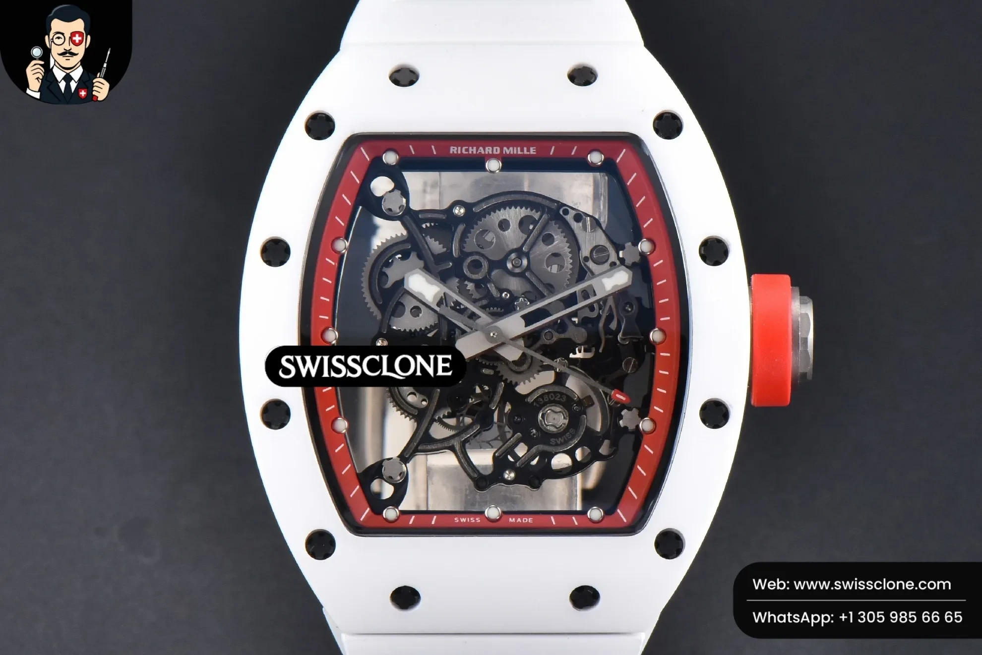 Richard Mille RM055 42.7mm BBRF White Ceramic Red Skeleton Dial White Rubber RMUL2