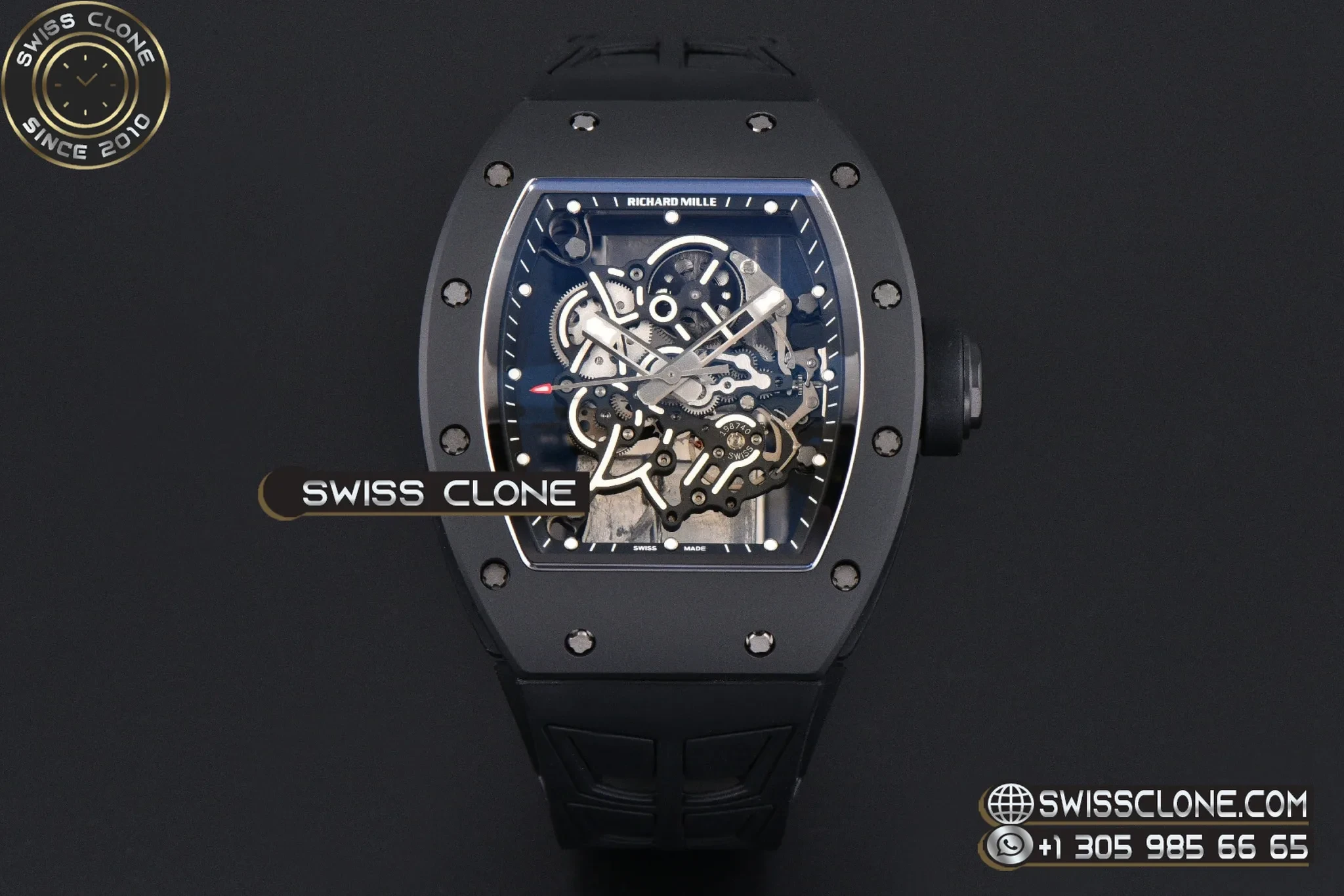 Richard Mille RM055 Ceramic 42.7mm Black Bezel Black Skeleton Dial Black Crown on Black Rubber RMUL2