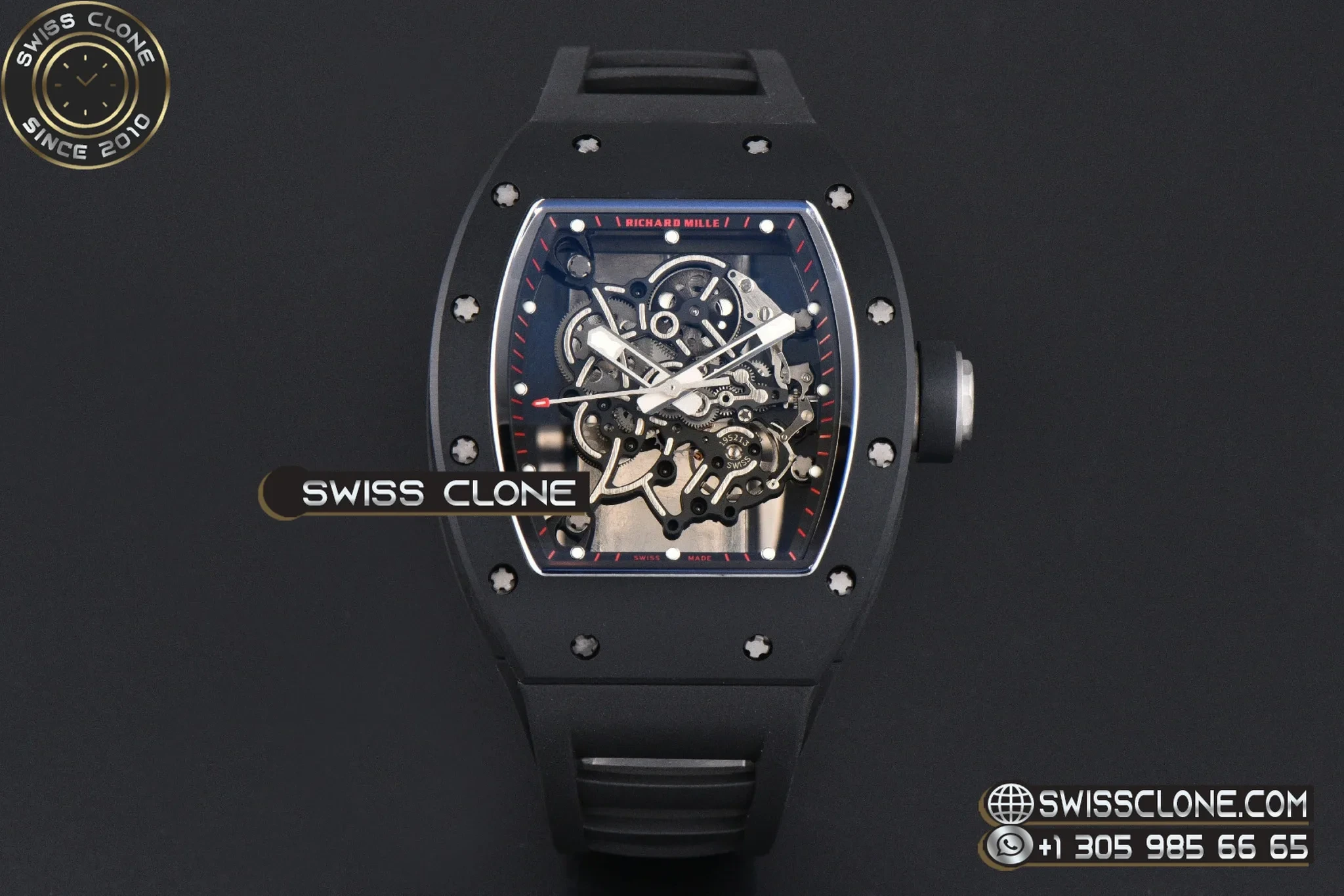 Richard Mille RM055 Ceramic 42.7mm Black Bezel Black Skeleton Dial Black Crown on Black Rubber RMUL2 1:1 Super Clone - Dial Macro Close-Up
