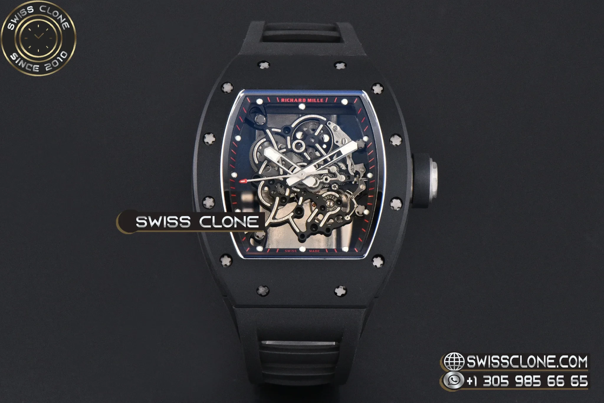 Richard Mille RM055 Ceramic 42.7mm Black Bezel Black Skeleton Dial Black Crown on Black Rubber RMUL2