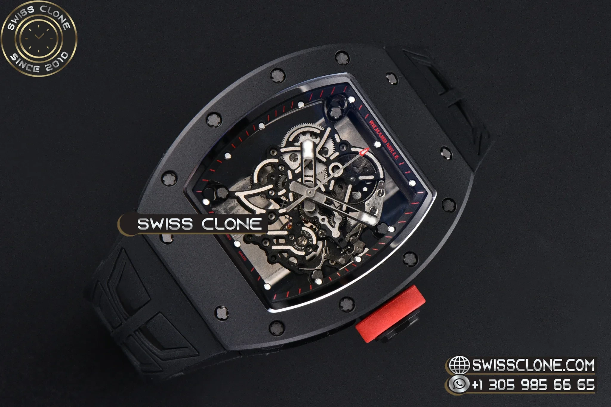 Richard Mille RM055 Ceramic 42.7mm Black Bezel Black Skeleton Dial Red Crown on Black Rubber RMUL2 1:1 Super Clone - Dial Macro Close-Up
