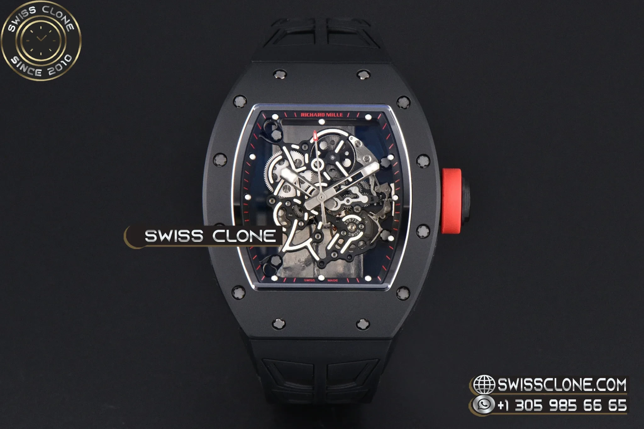Richard Mille RM055 Ceramic 42.7mm Black Bezel Black Skeleton Dial Red Crown on Black Rubber RMUL2