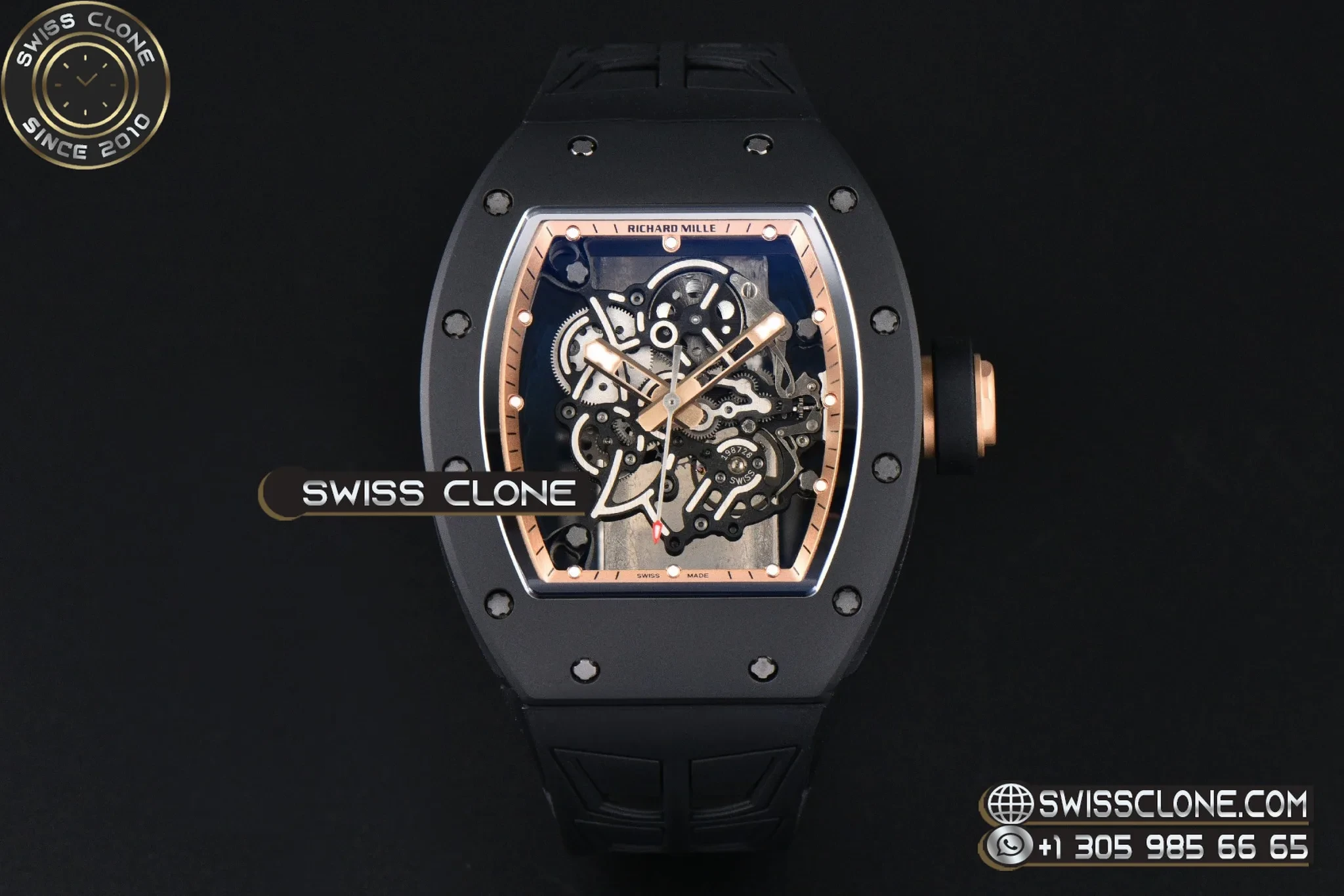 Richard Mille RM055 Ceramic 42.7mm Black Bezel Gold Skeleton Dial Black Crown on Black Rubber RMUL2