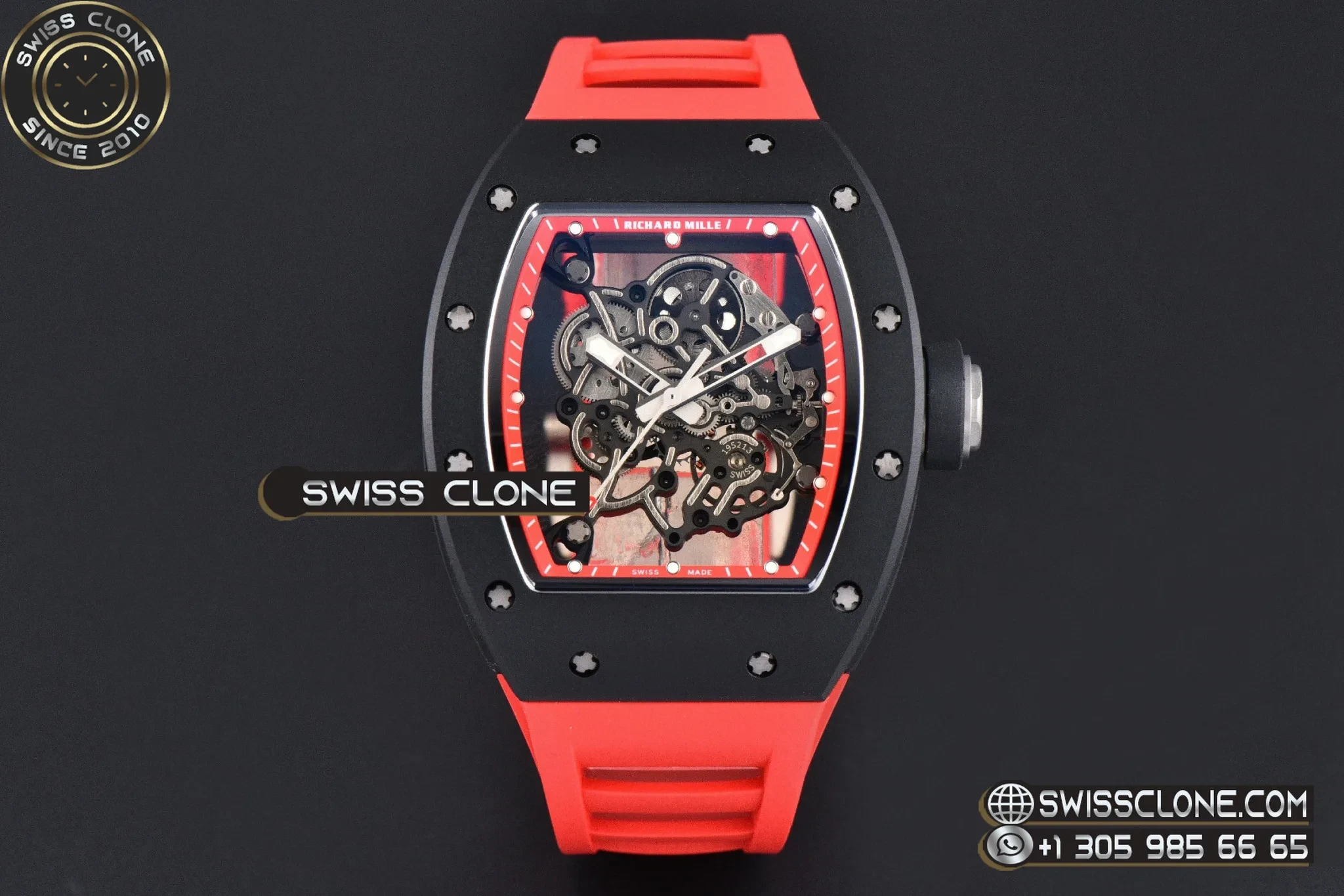 Richard Mille RM055 Ceramic 42.7mm Black Bezel Red Skeleton Dial Black Crown on Red Rubber RMUL2