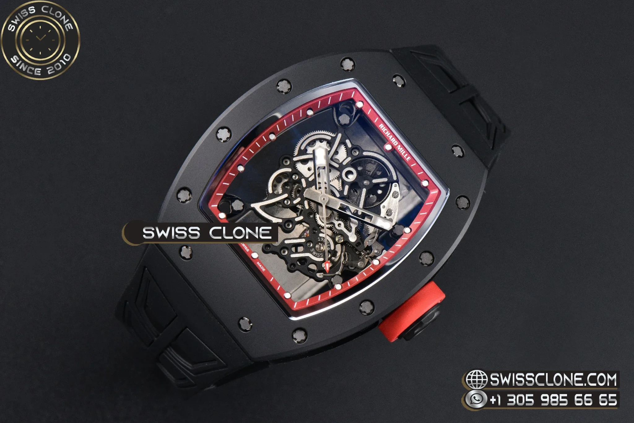 Richard Mille RM055 Ceramic 42.7mm Black Bezel Red Skeleton Dial Red Crown on Black Rubber RMUL2 - 45-Degree Case Profile & Crown View | 1:1 Swiss Super Clone