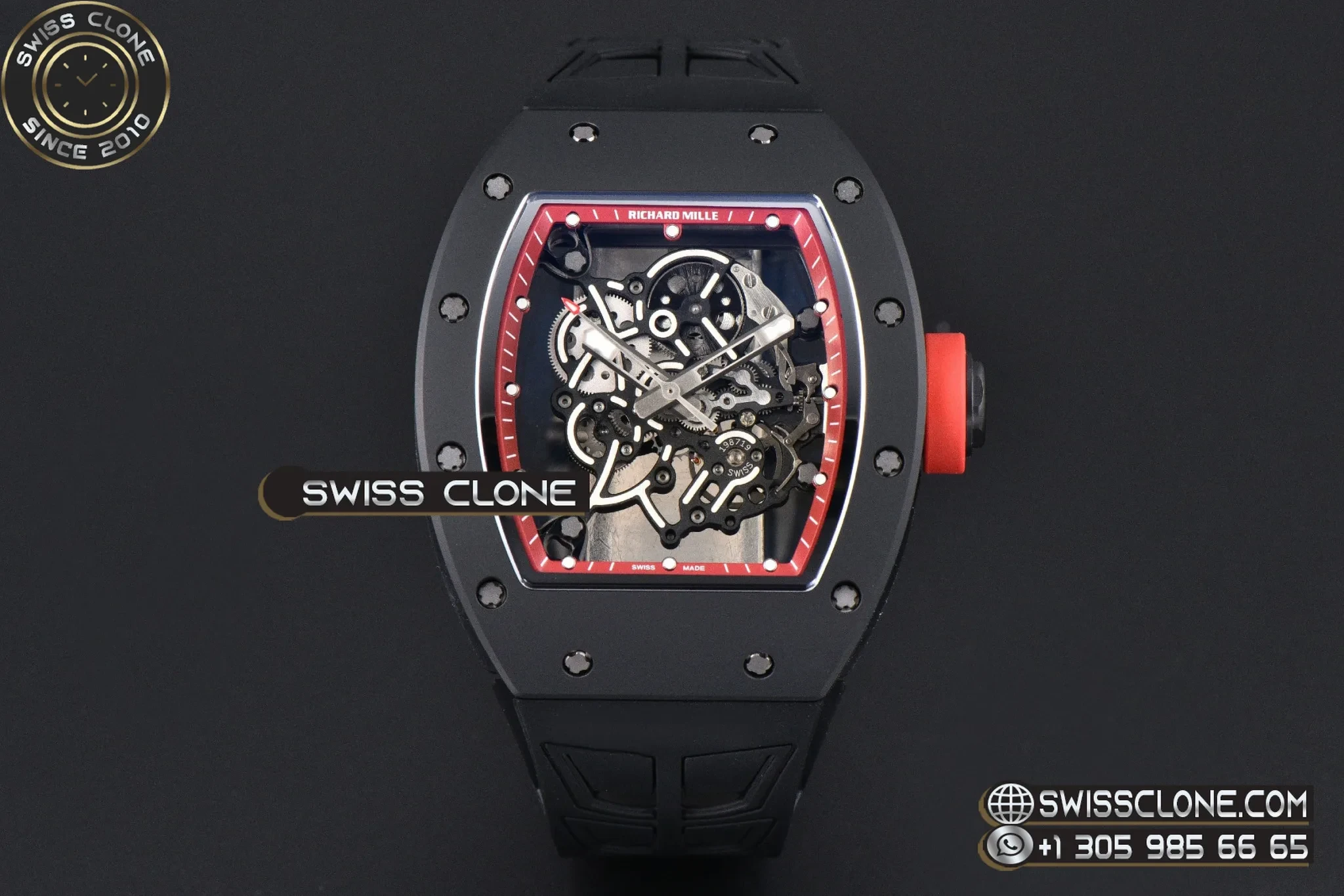 Richard Mille RM055 Ceramic 42.7mm Black Bezel Red Skeleton Dial Red Crown on Black Rubber RMUL2
