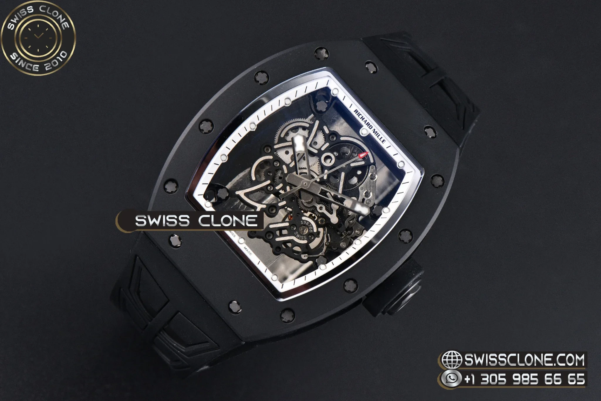 Richard Mille RM055 Ceramic 42.7mm Black Bezel White Skeleton Dial Black Crown on Black Rubber RMUL2 - 45-Degree Case Profile & Crown View | 1:1 Swiss Super Clone