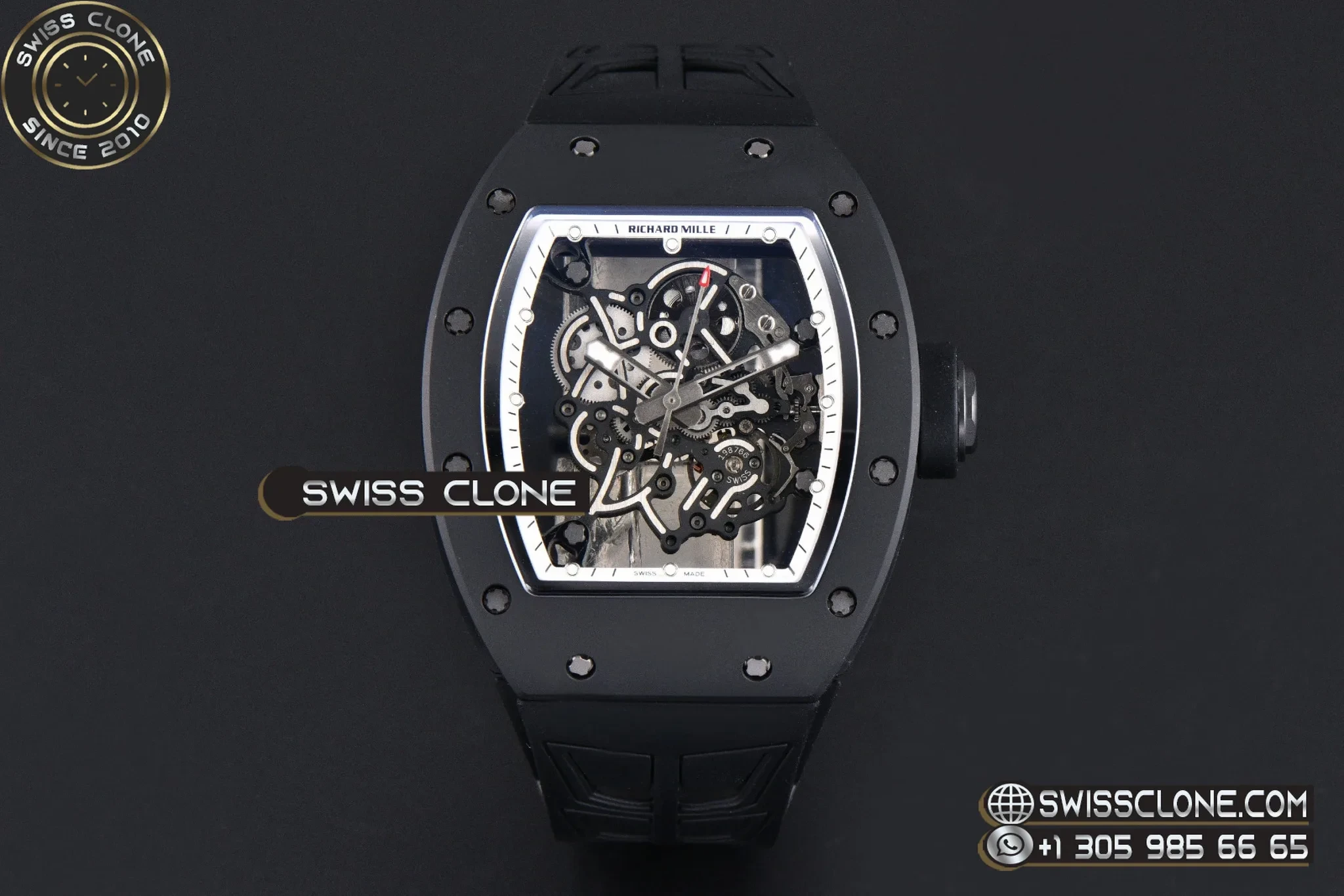 Richard Mille RM055 Ceramic 42.7mm Black Bezel White Skeleton Dial Black Crown on Black Rubber RMUL2