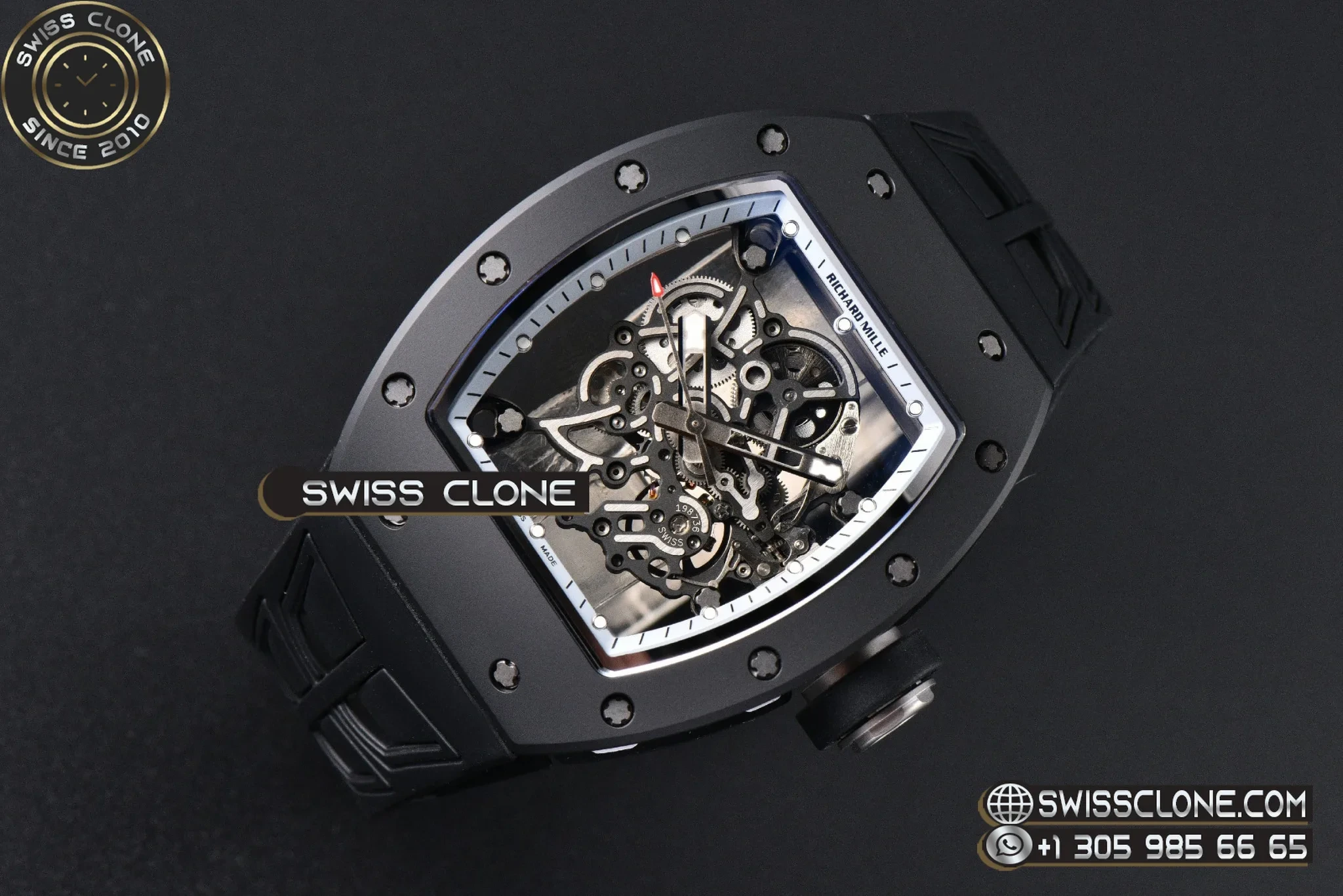 Richard Mille RM055 Ceramic 42.7mm Black Bezel White Skeleton Dial Black Crown on Black Rubber RMUL2 - 45-Degree Case Profile & Crown View | 1:1 Swiss Super Clone