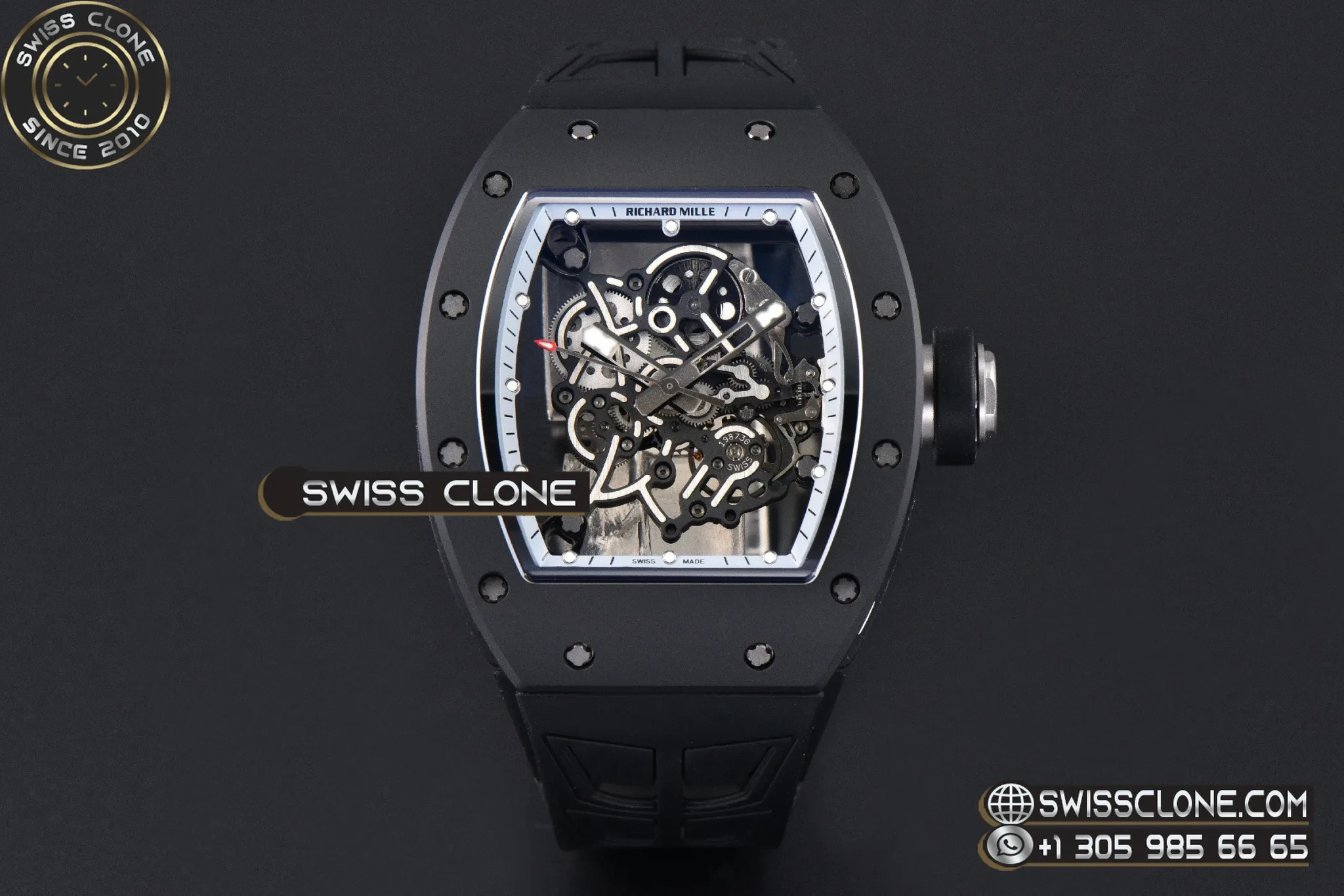 Richard Mille RM055 Ceramic 42.7mm Black Bezel White Skeleton Dial Black Crown on Black Rubber RMUL2