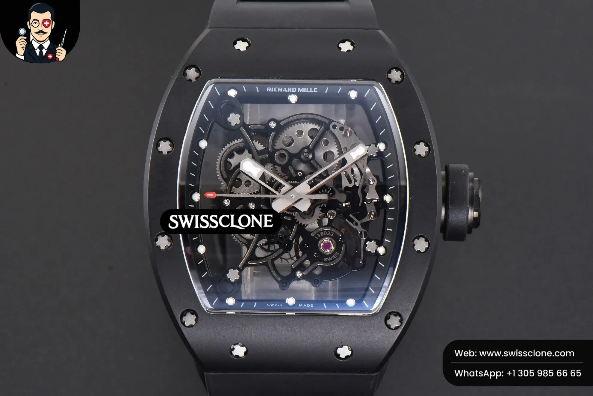 Richard Mille RM055 Real Ceramic 47.5mm BBR Skeleton Dial Silver Hands Black Rubber RMUL2