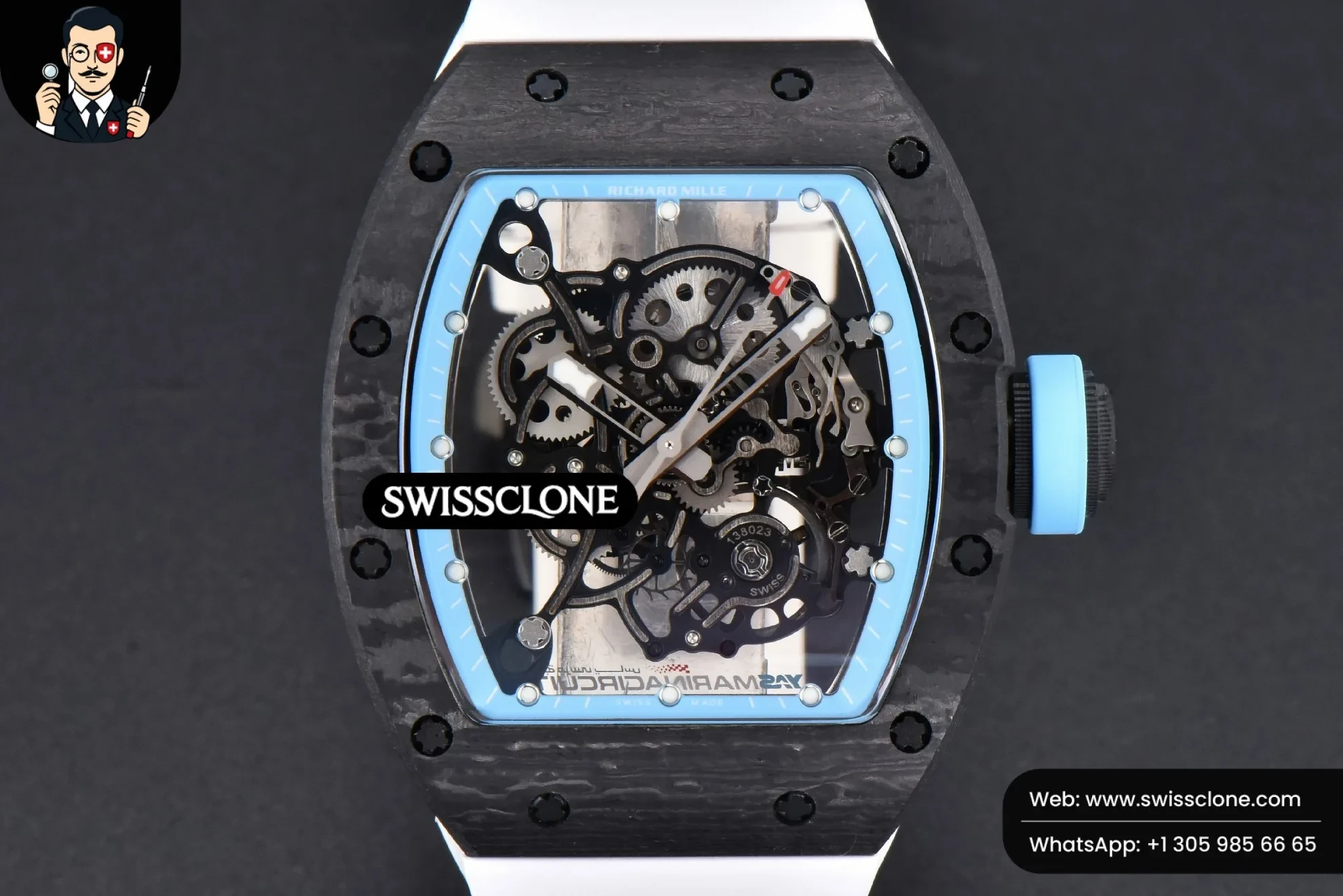 Richard Mille RM055 Real NTPT 42.7mm BBRF Blue Skeleton Dial White Rubber RMUL2