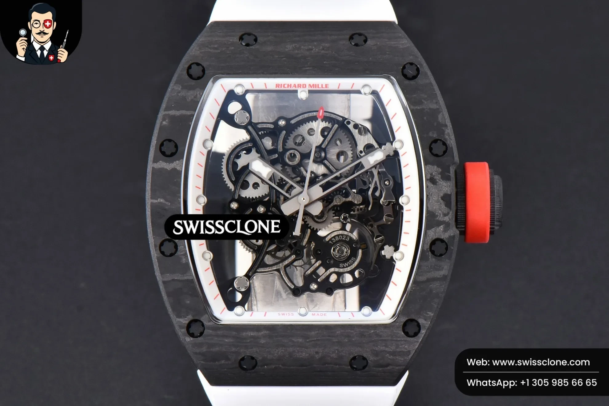 Richard Mille RM055 Real NTPT 42.7mm BBRF White Skeleton Dial Red Crown White Rubber RMUL2