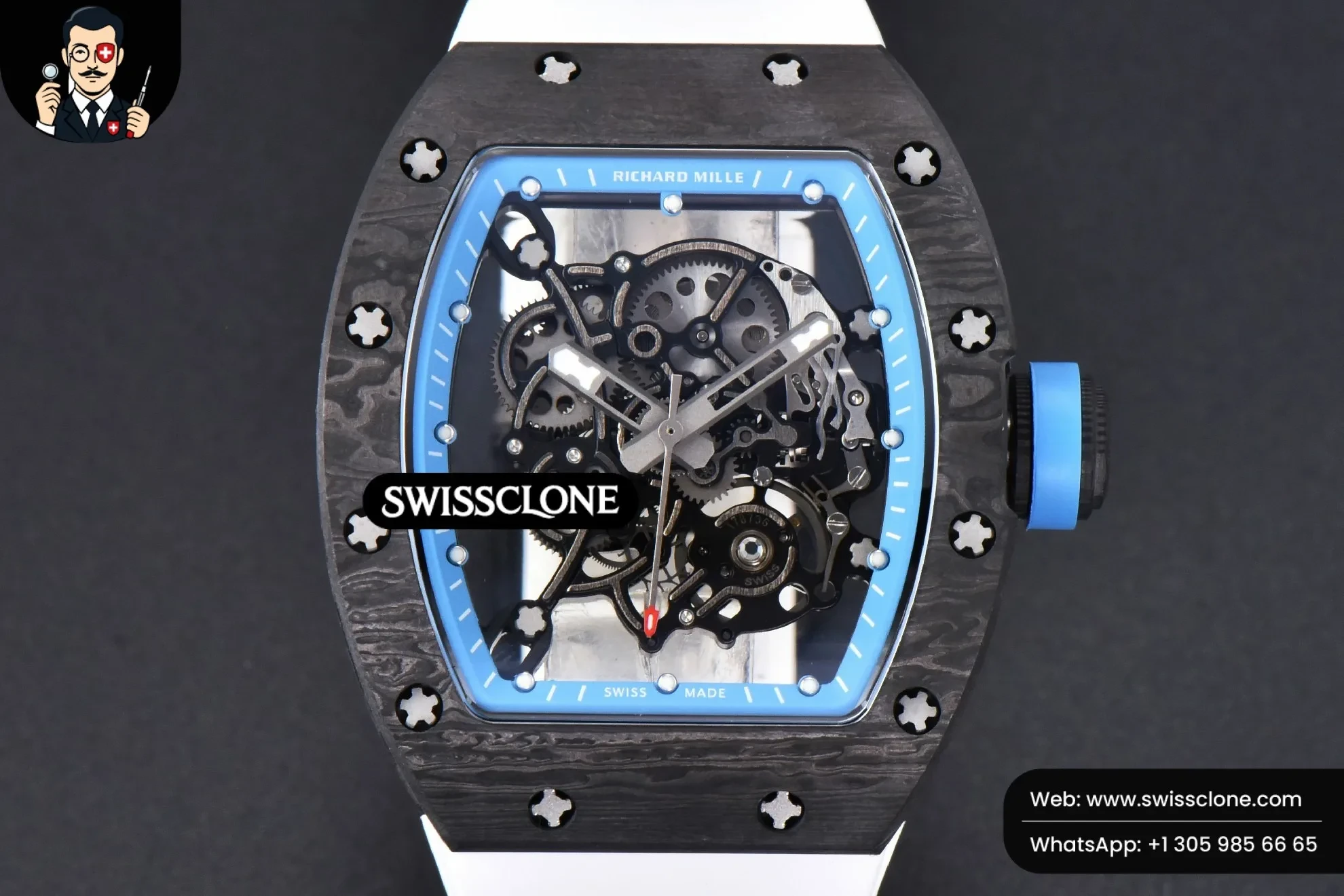 Richard Mille RM055 Real NTPT 42mm RMF Blue Skeleton Dial White Rubber RMUL2