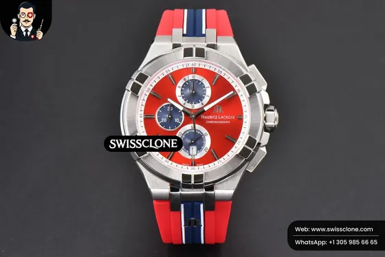 Rolex Aikno Chrono 44mm OF Red/Blue Dial Red Rubber Quartz 1:1 Super Clone - Dial Macro Close-Up