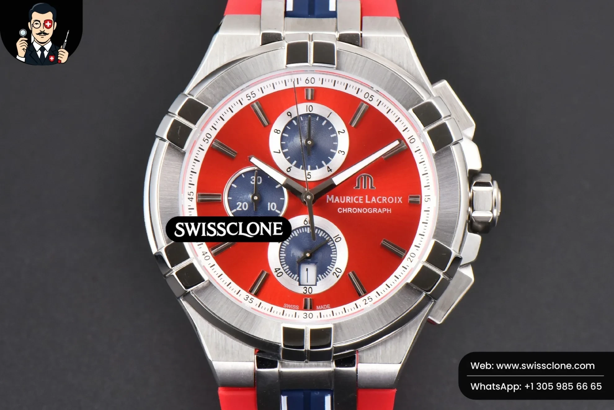 Aikno Chrono 44mm OF Red/Blue Dial Red Rubber Quartz