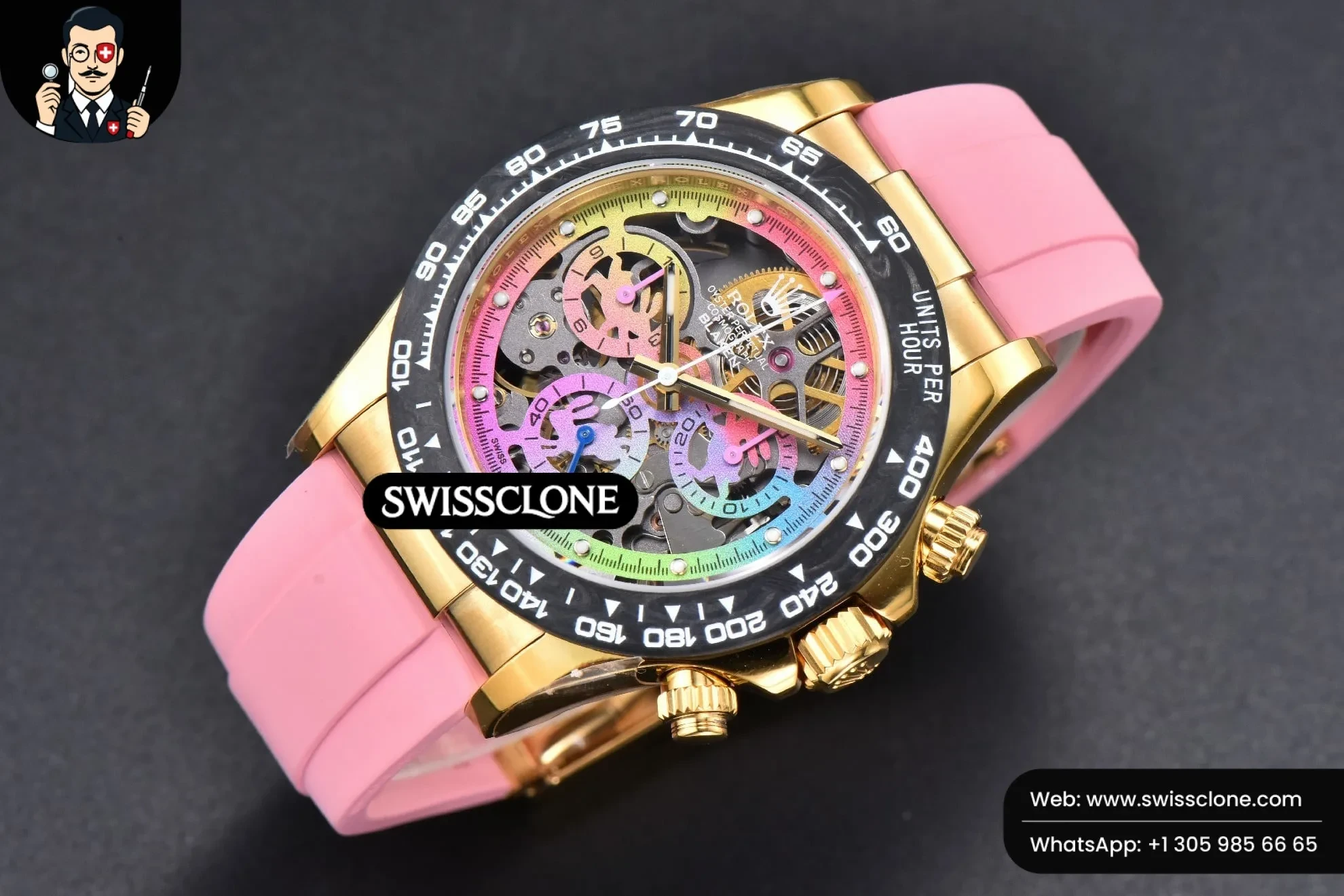 Rolex Blaken Daytona PVD Carbon 40mm GETF Skeleton Dial Pink Rubber 1:1 Super Clone - Bezel & Case Profile
