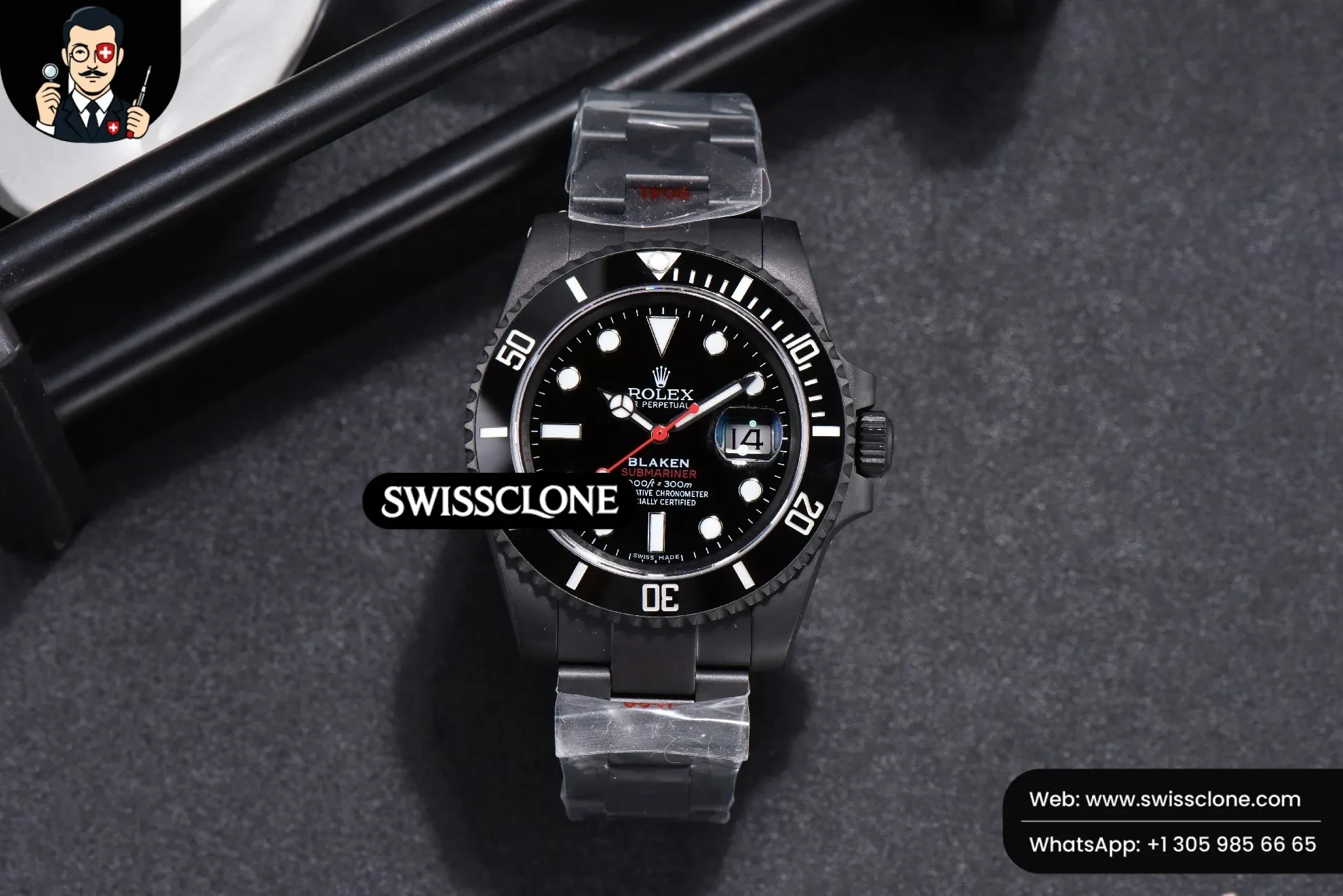 Rolex Blaken Submariner 116610 LN IPKF Red Hand Red Text PVD 1:1 Super Clone - Dial Macro Close-Up