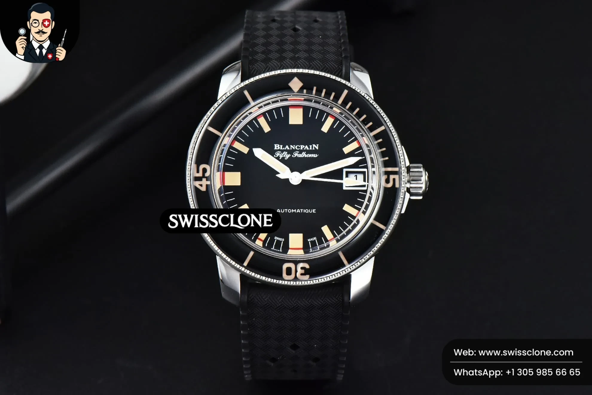 Blancpain Fifty Fathoms 5008B Barakuda 40mm GSF Black Dial Black Rubber (SW-30746) 1:1 Super Clone - Dial Macro & Hands Close-Up