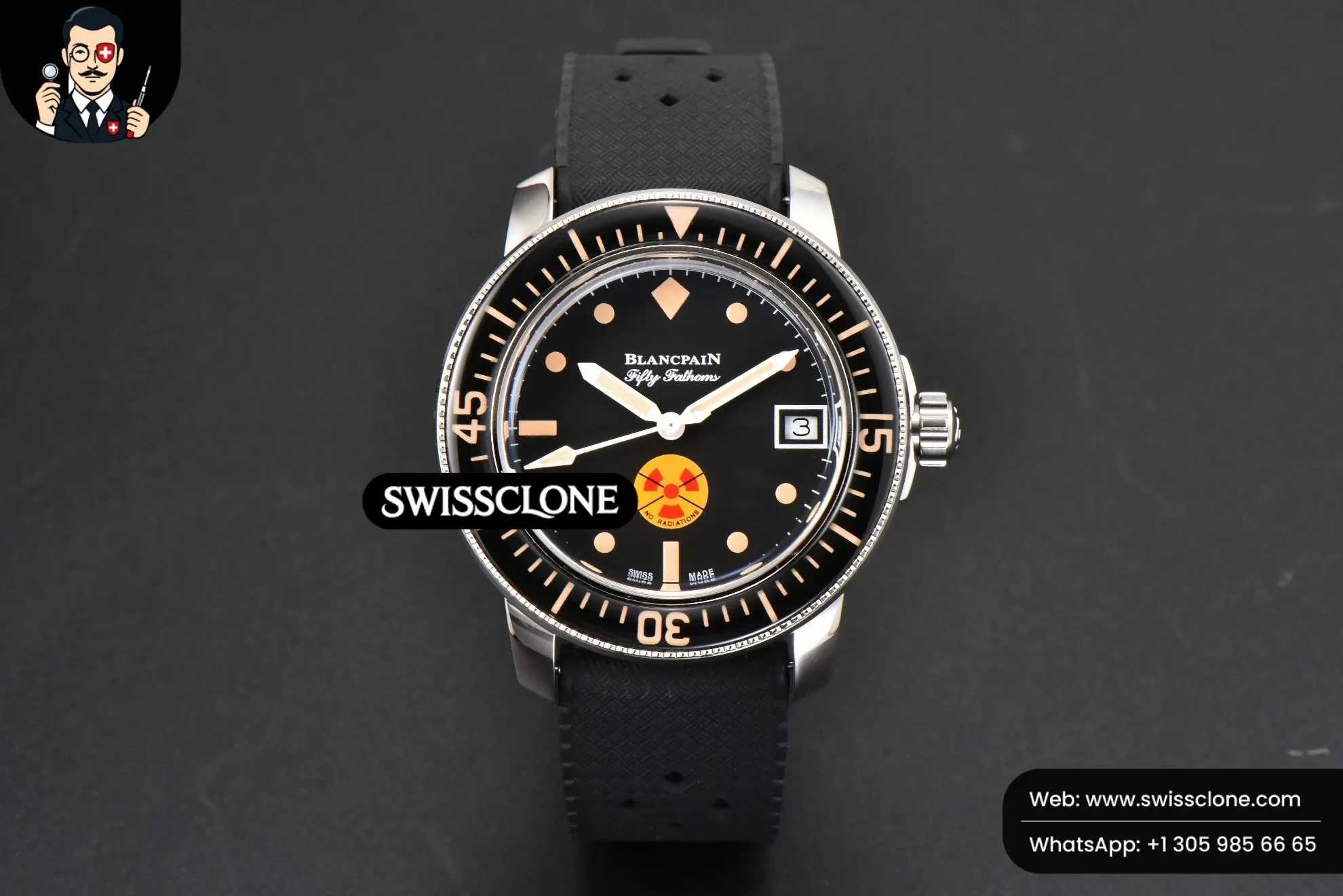 Rolex Blancpain Fifty Fathoms 5008D ‘No Rad’ 40mm GSF Black Dial Black Rubber 1:1 Super Clone Det - Dial Macro Close-Up