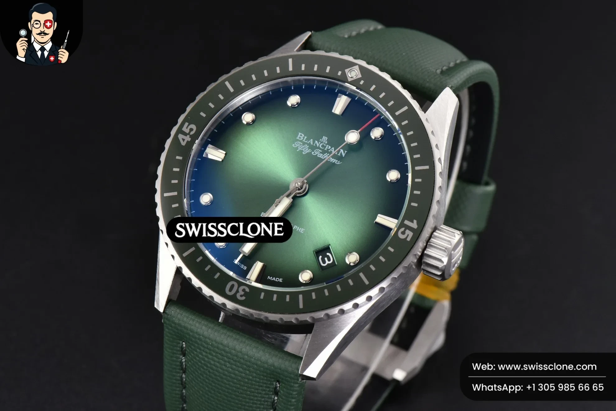 Rolex Blancpain Fifty Fathoms Bathyscaphe 43mm GF Ceramic Green Dial Green Sail Canvas 1:1 Super Clone - Bezel & Case Profile