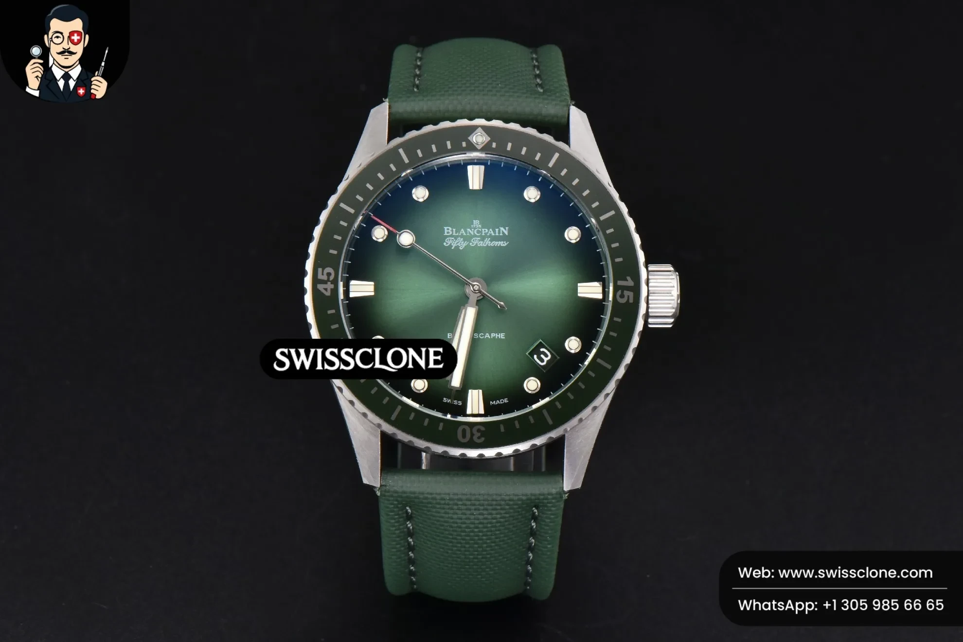 Rolex Blancpain Fifty Fathoms Bathyscaphe 43mm GF Ceramic Green Dial Green Sail Canvas 1:1 Super Clone - Dial Macro Close-Up