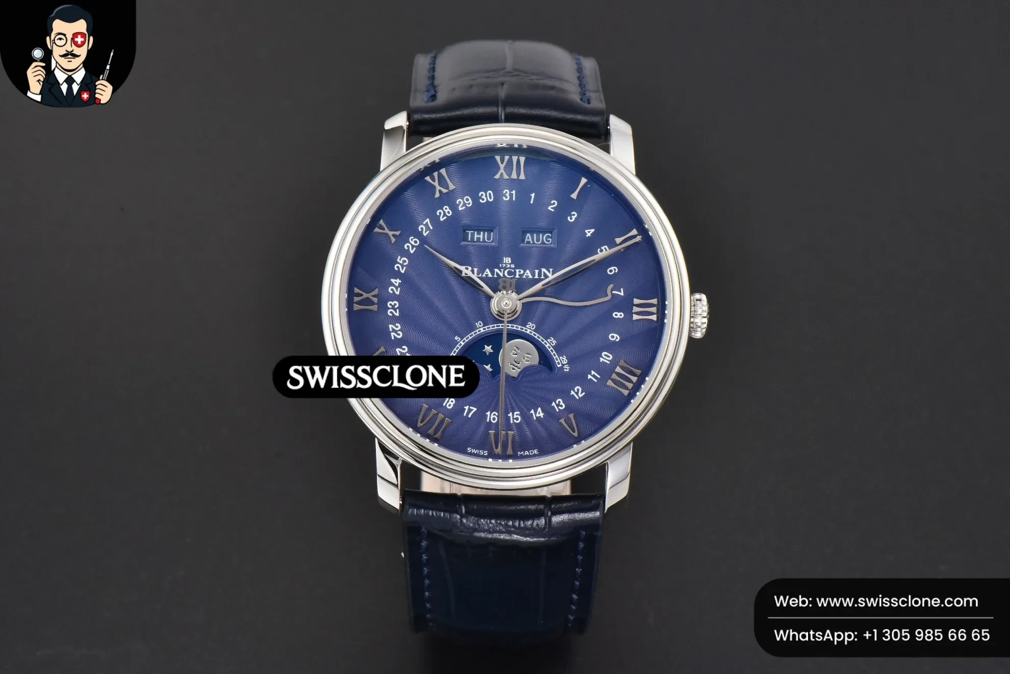 Rolex Blancpain Villeret 6654 40mm Complicated Function OMF Blue Dial Black Leather 1:1 Super Clone - Dial Macro Close-Up