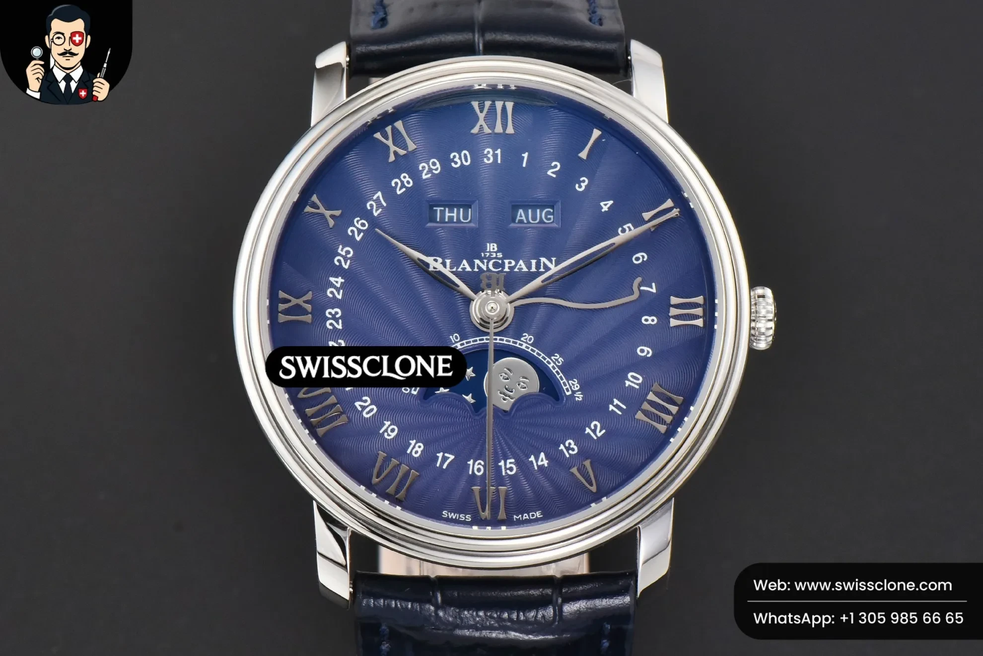 Blancpain Villeret 6654 40mm Complicated Function OMF Blue Dial Black Leather