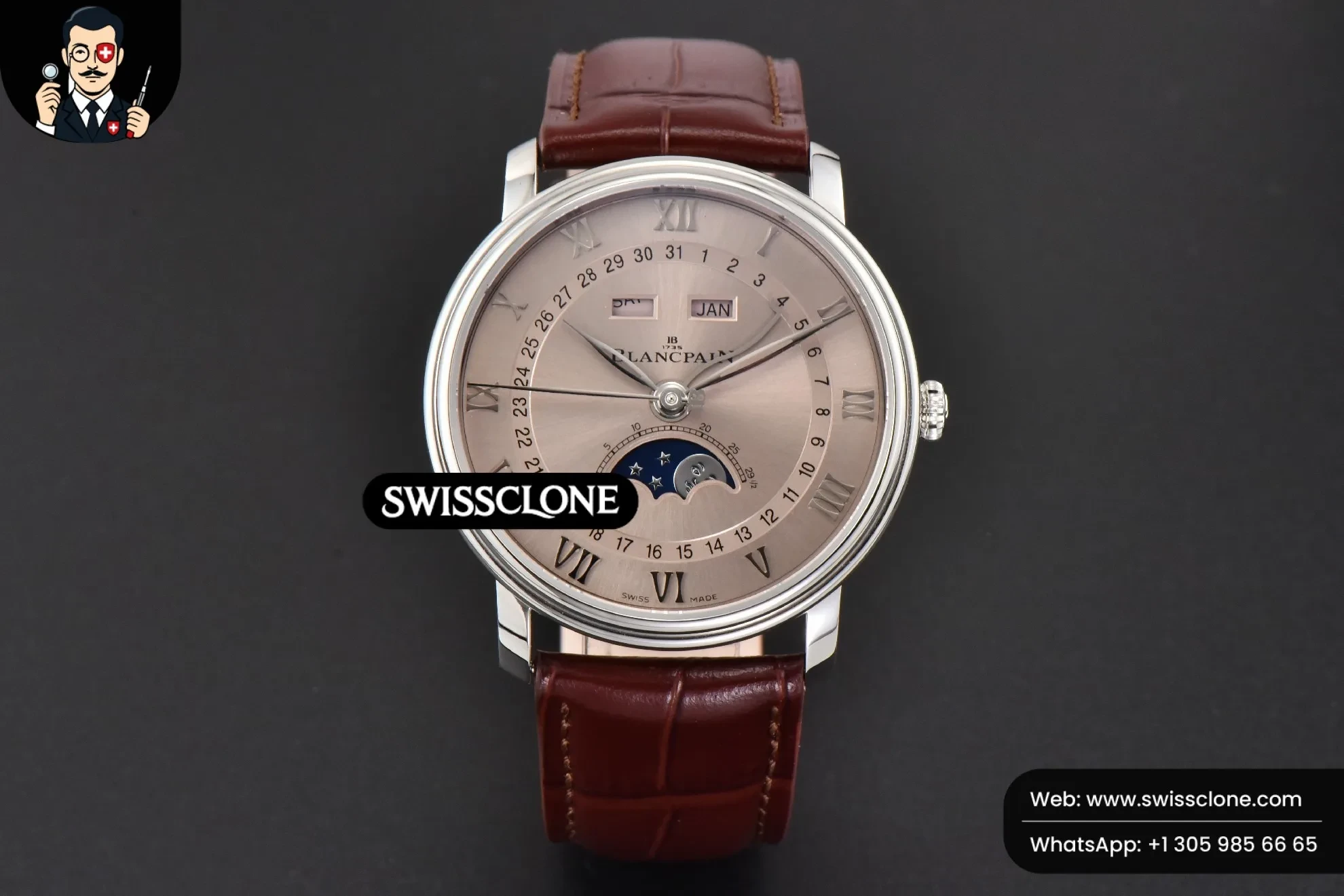 Rolex Blancpain Villeret 6654 40mm Complicated Function OMF Dial Brown Leather 1:1 Super Clone - Dial Macro Close-Up