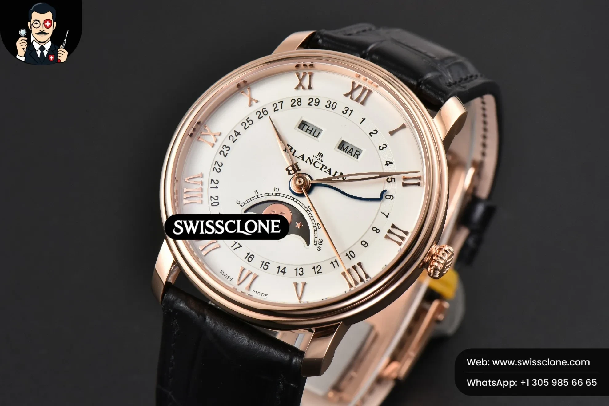 Rolex Blancpain Villeret 6654 40mm Complicated Function OMF White Dial Black Leather 1:1 Super Clone - Bezel & Case Profile