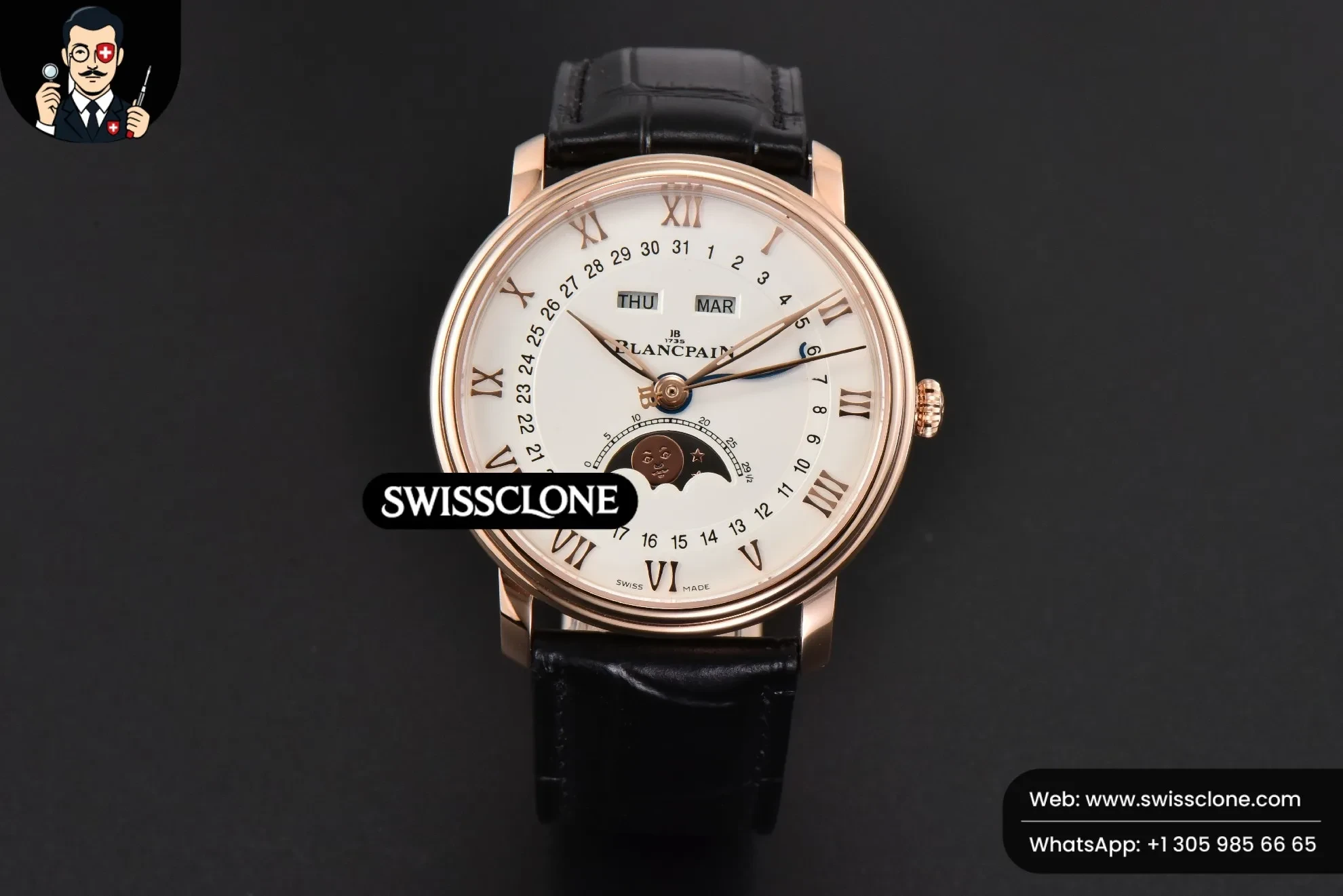 Rolex Blancpain Villeret 6654 40mm Complicated Function OMF White Dial Black Leather 1:1 Super Clone - Dial Macro Close-Up