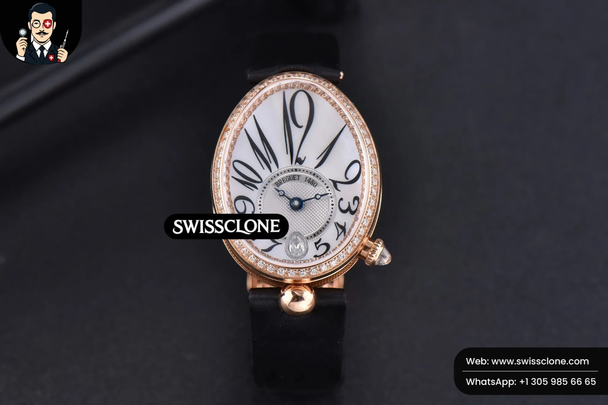 Rolex Breguet Queen of Naples Ladies 28.5MM Diamond White MOP Dial Leather Jap 6T51 1:1 Super Clone - Dial Macro Close-Up
