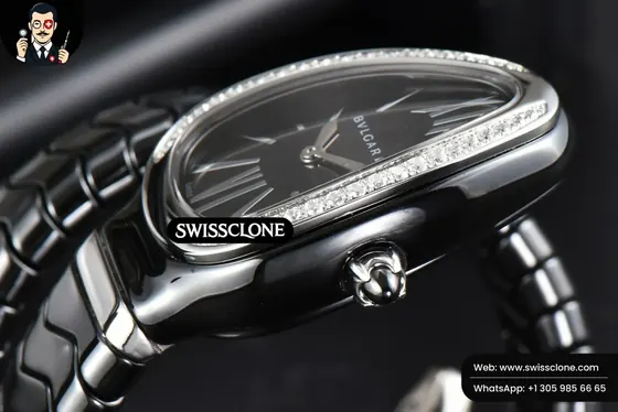 Bvlgari Serpenti Spiga 35mm Black Ceramic Black Dial Diamond Bezel Quartz (SW-23794) 1:1 Super Clone - Crown Guard & Case Thickness Profile