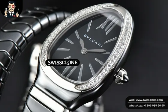 Bvlgari Serpenti Spiga 35mm Black Ceramic Black Dial Diamond Bezel Quartz (SW-23794) 1:1 Super Clone - Bezel & Lateral Case Profile